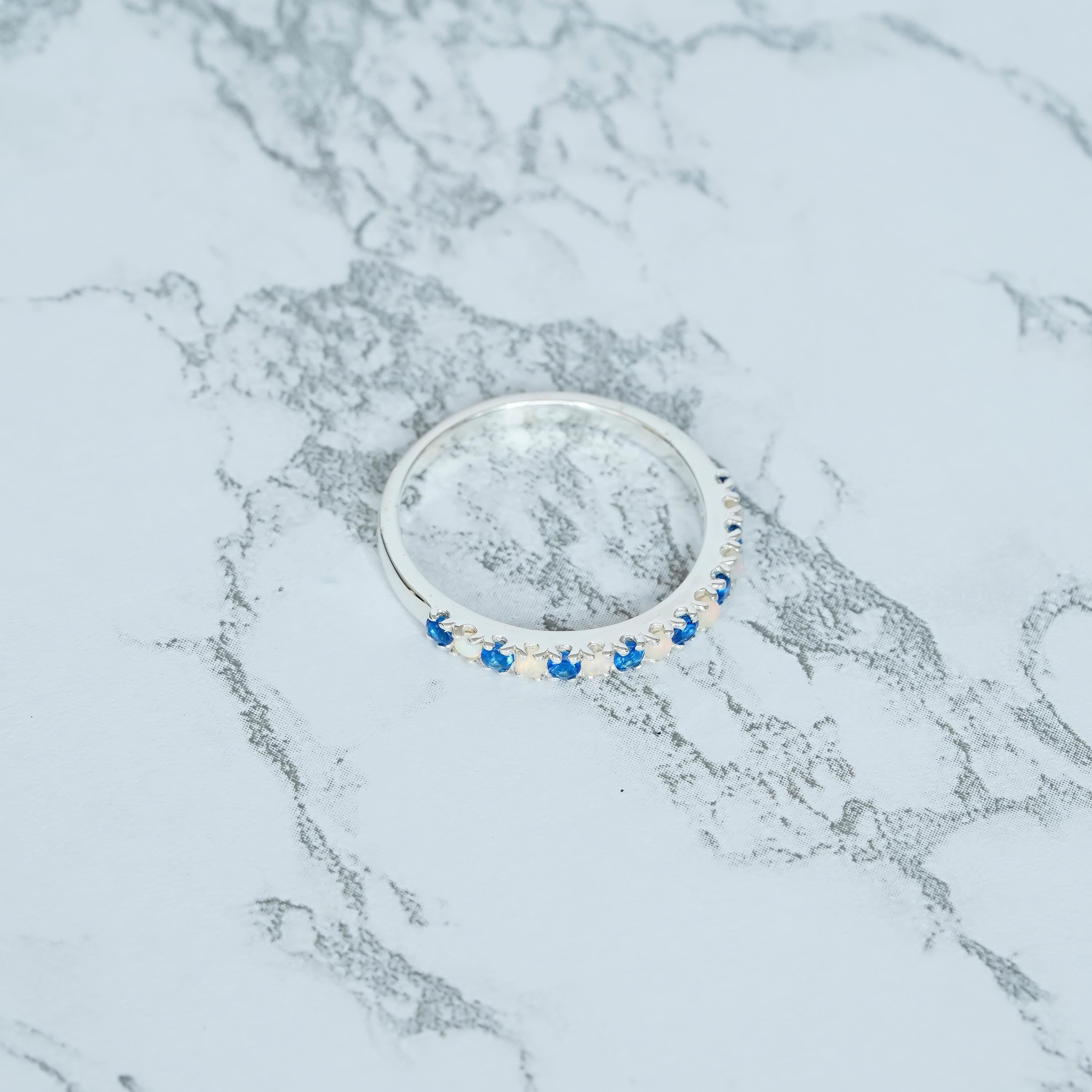 Blue Topaz and Opal Eternity Band For Women 925 Sterling Silver Stackable Round Cut Fire Opal Bridal Matching Anniversary Gift Dainty Band