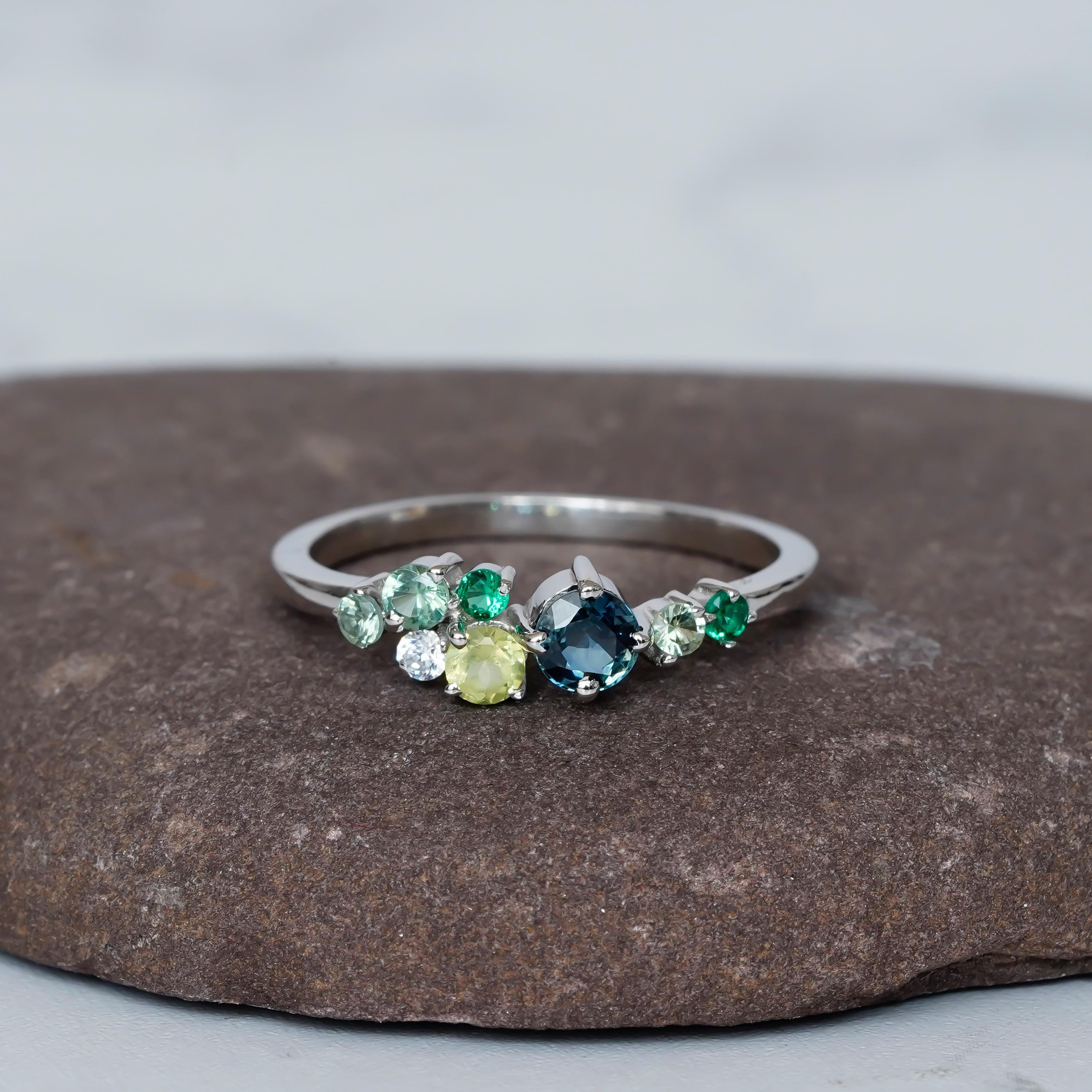 Multicolor Cluster Ring Band For Women 925 Sterling Silver CZ Stackable Delicate Half Eternity Bridal Matching Anniversary Gift Dainty Band