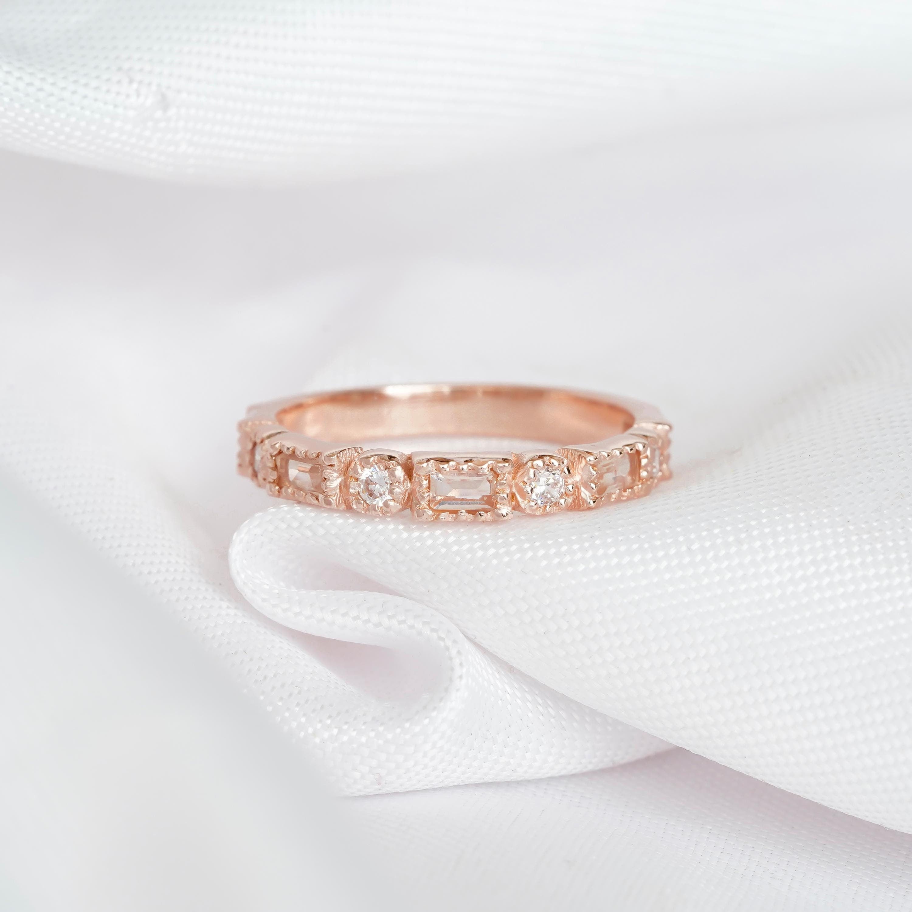 Morganite Wedding Band For Women 925 Sterling Silver Moissanites Stackable Pink Half Eternity Bridal Matching Anniversary Gift Dainty Band