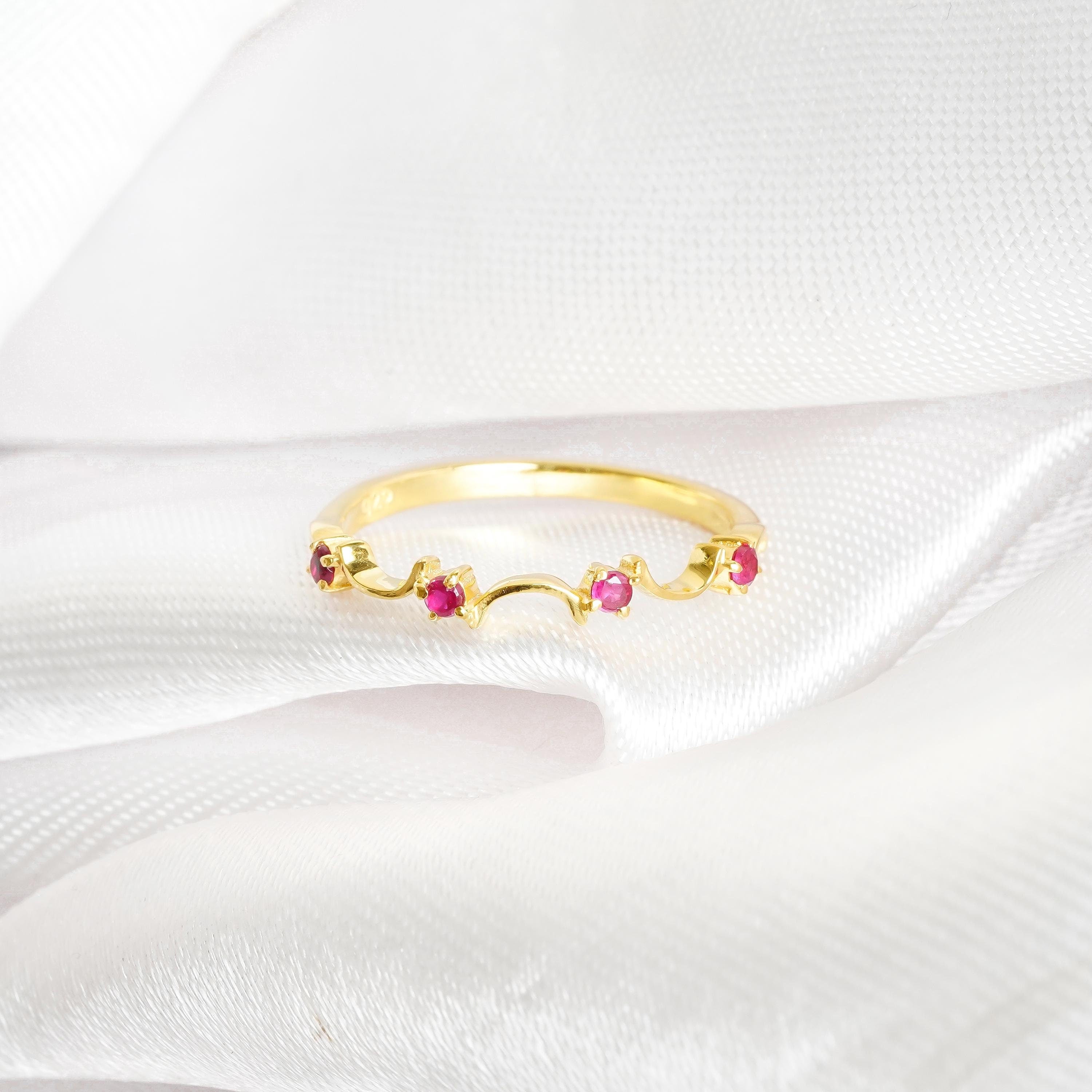 Ruby Wedding Band For Women 925 Sterling Silver Stackable Pink Bridal Unique Anniversary Gift Delicate Minimalist Pave Eternity Dainty Band