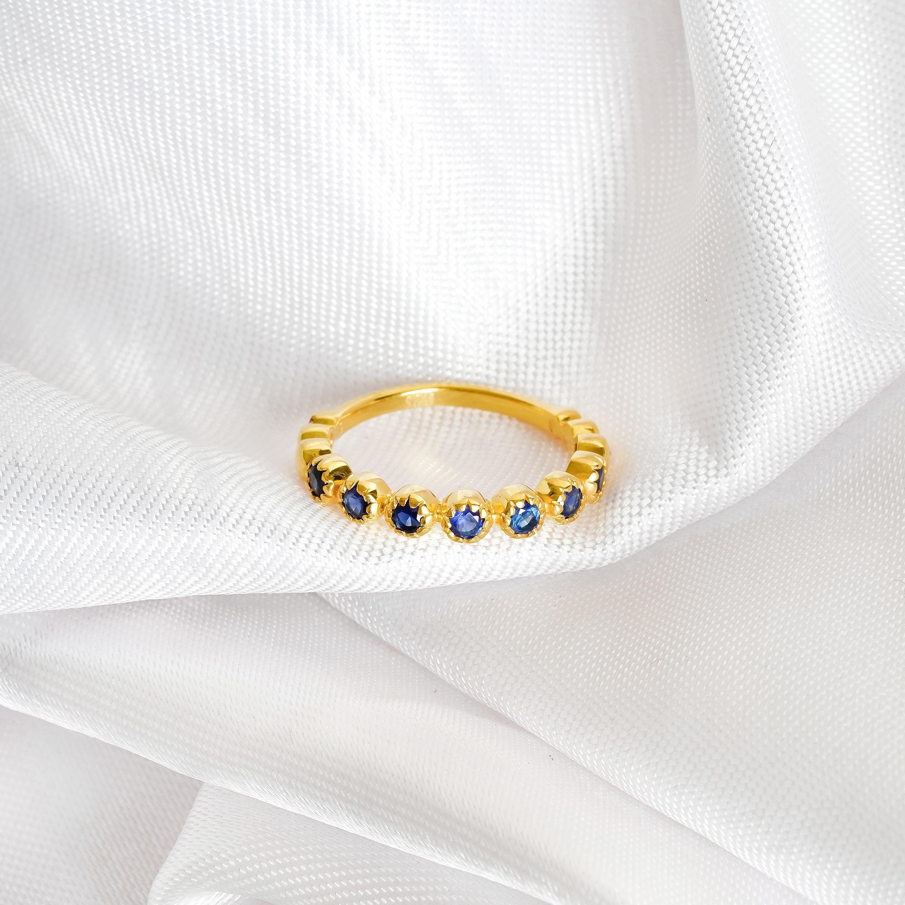 Blue Sapphire Half Eternity Wedding Band For Women 925 Sterling Silver Stackable Round Sapphire Bridal Matching Anniversary Gift Dainty Band