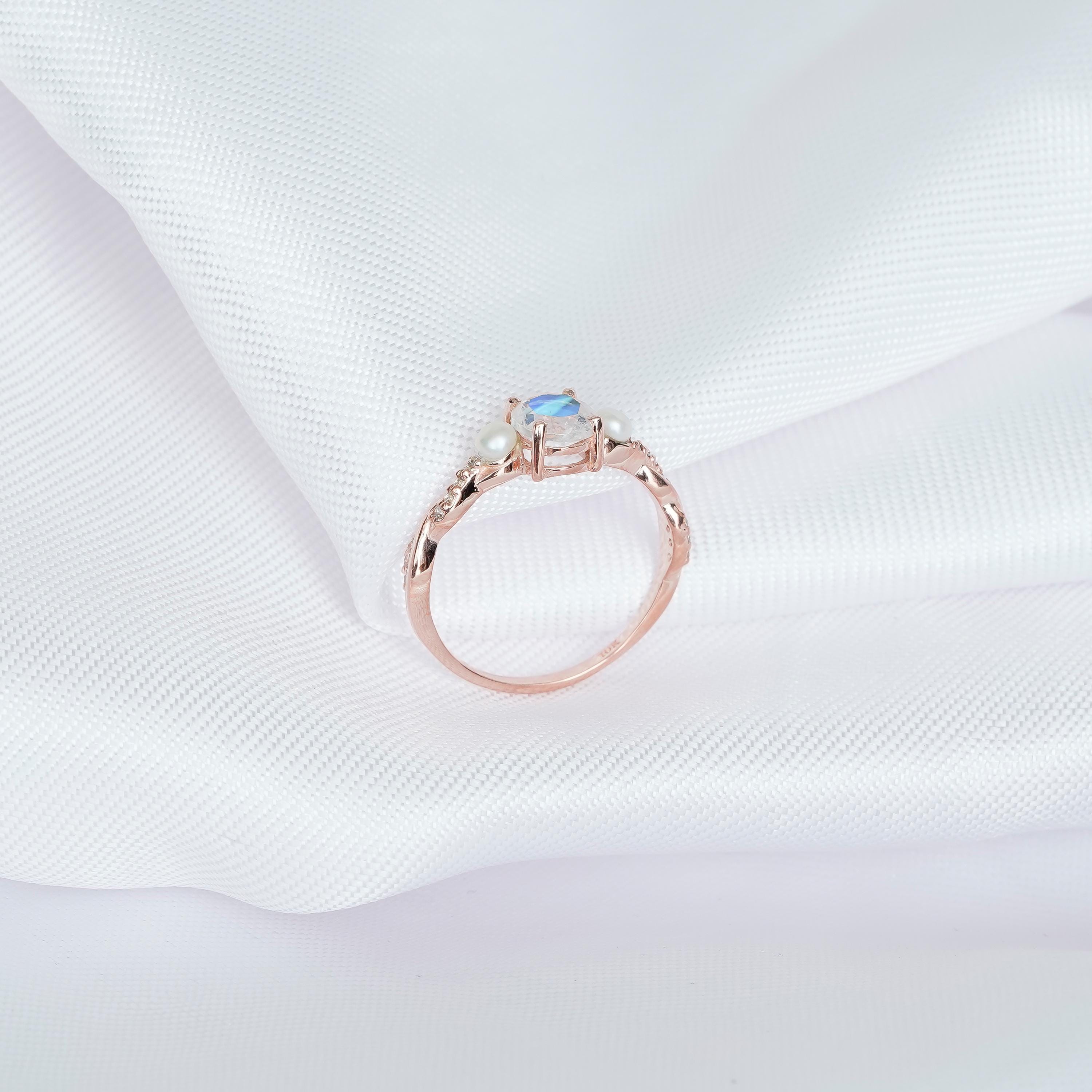 Moonstone Engagement Ring 925 Sterling Silver Round Cut with Pearls Wedding Ring For Women Proposal Minimalist Infinity Three Stone Ring