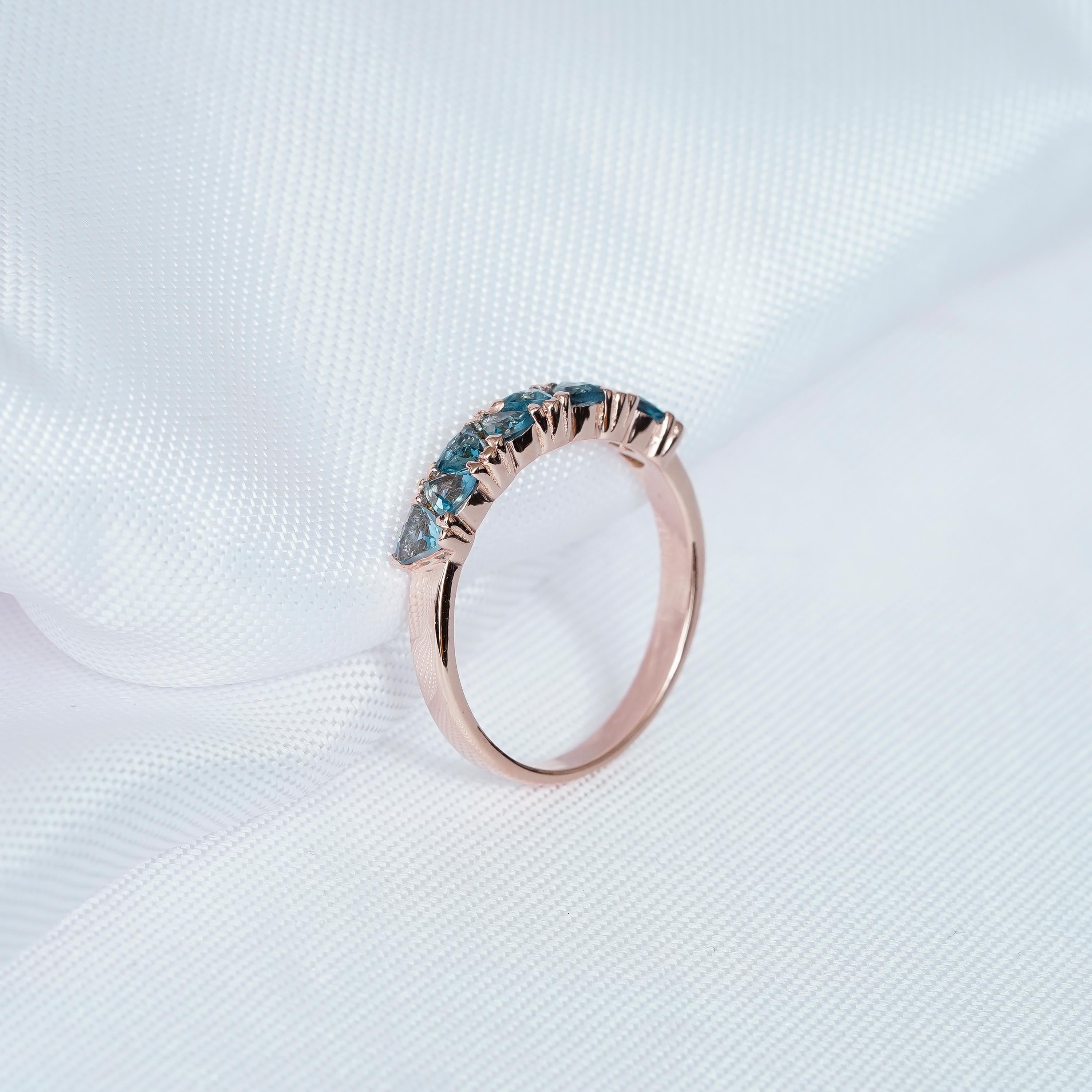 Blue Topaz Wedding Band For Women 925 Sterling Silver Trilliant Cut Topaz Stackable Half Eternity Matching Anniversary Gift Dainty Ring Band