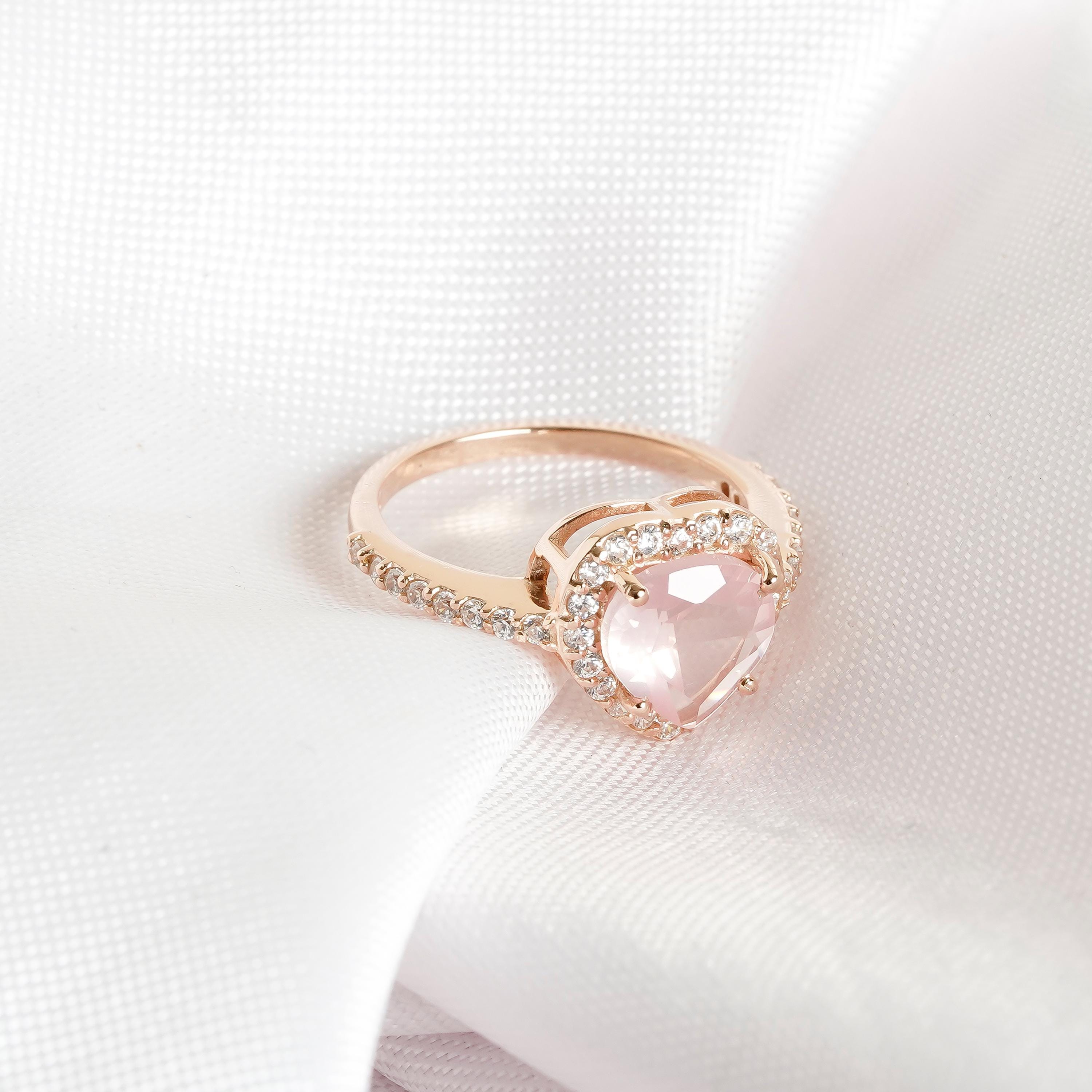 Rose Quartz Engagement Ring 925 Sterling Silver Heart Shape Rose Quartz Wedding Ring For Women Proposal Halo Classic Prong Solitaire Ring