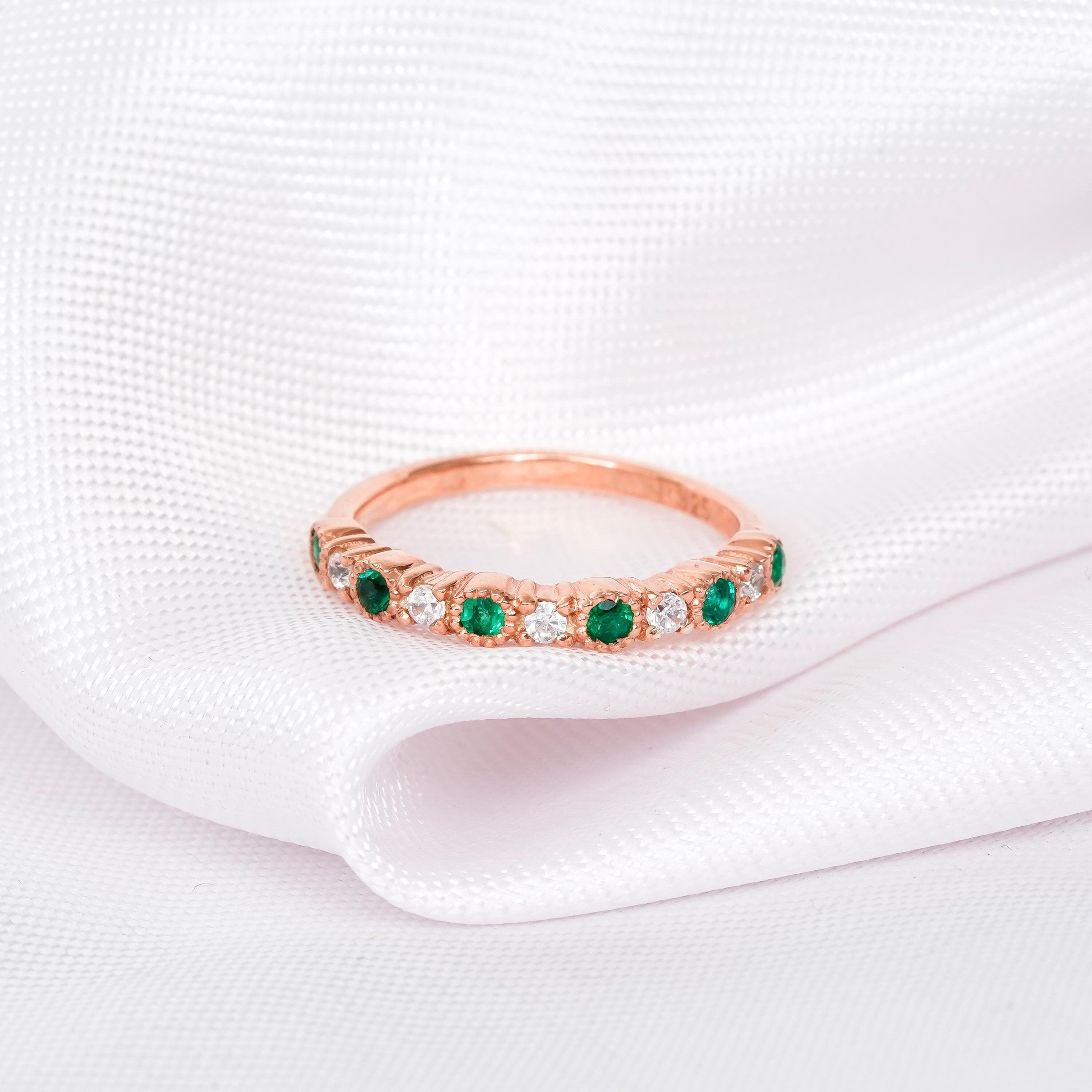 Emerald Wedding Band For Women 925 Sterling Silver With Moissanites Green Stackable Half Eternity Matching Anniversary Gift Dainty Ring Band