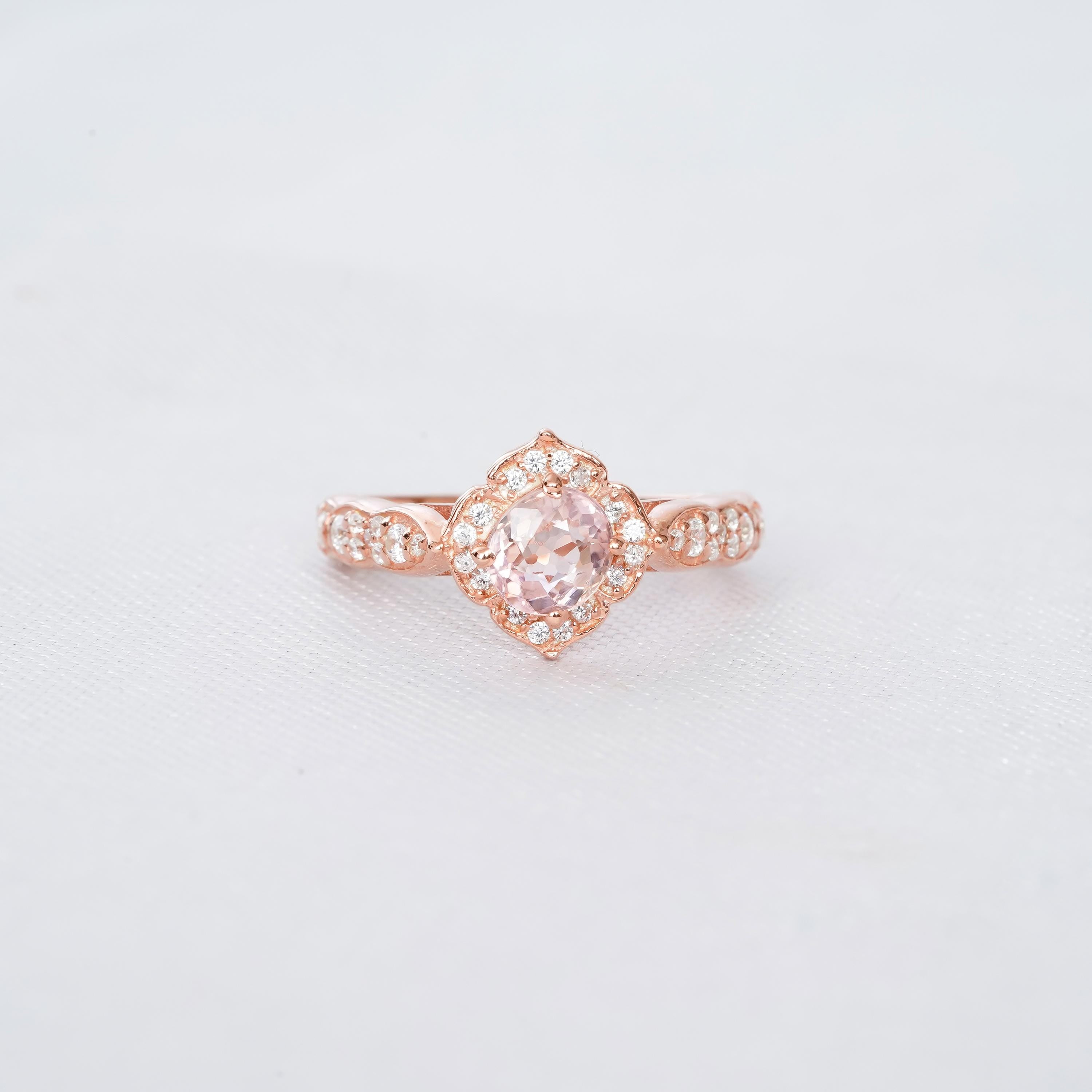 Morganite Engagement Ring Set Matching Moissanite Chevron Wedding Band For Women Round Solitaire Floral Halo Art Deco Bridal Promise Ring
