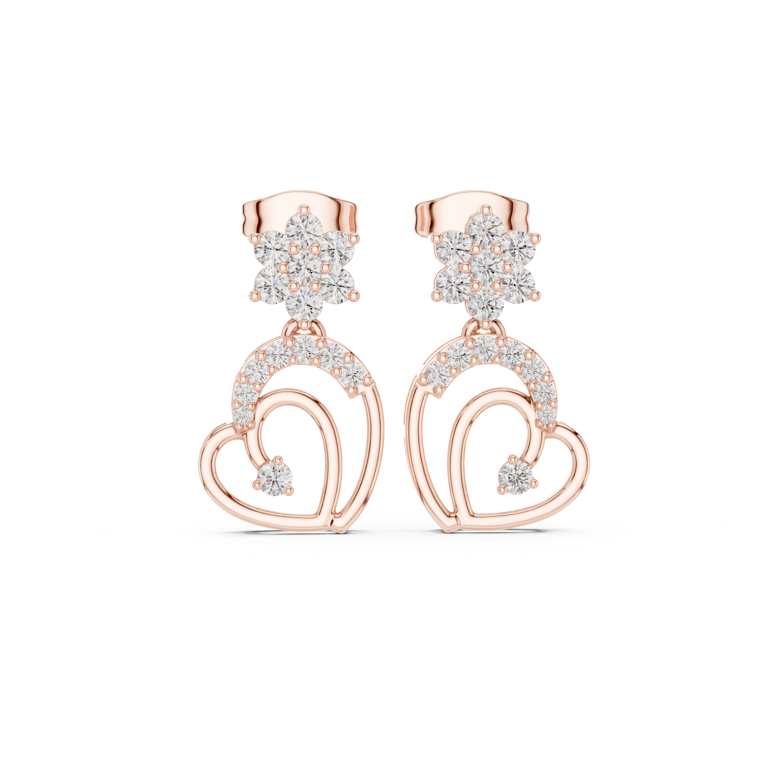 Double Heart Moissanite Stud Earrings, 925 Sterling Silver, Flower Accent, Hypoallergenic, Luxury