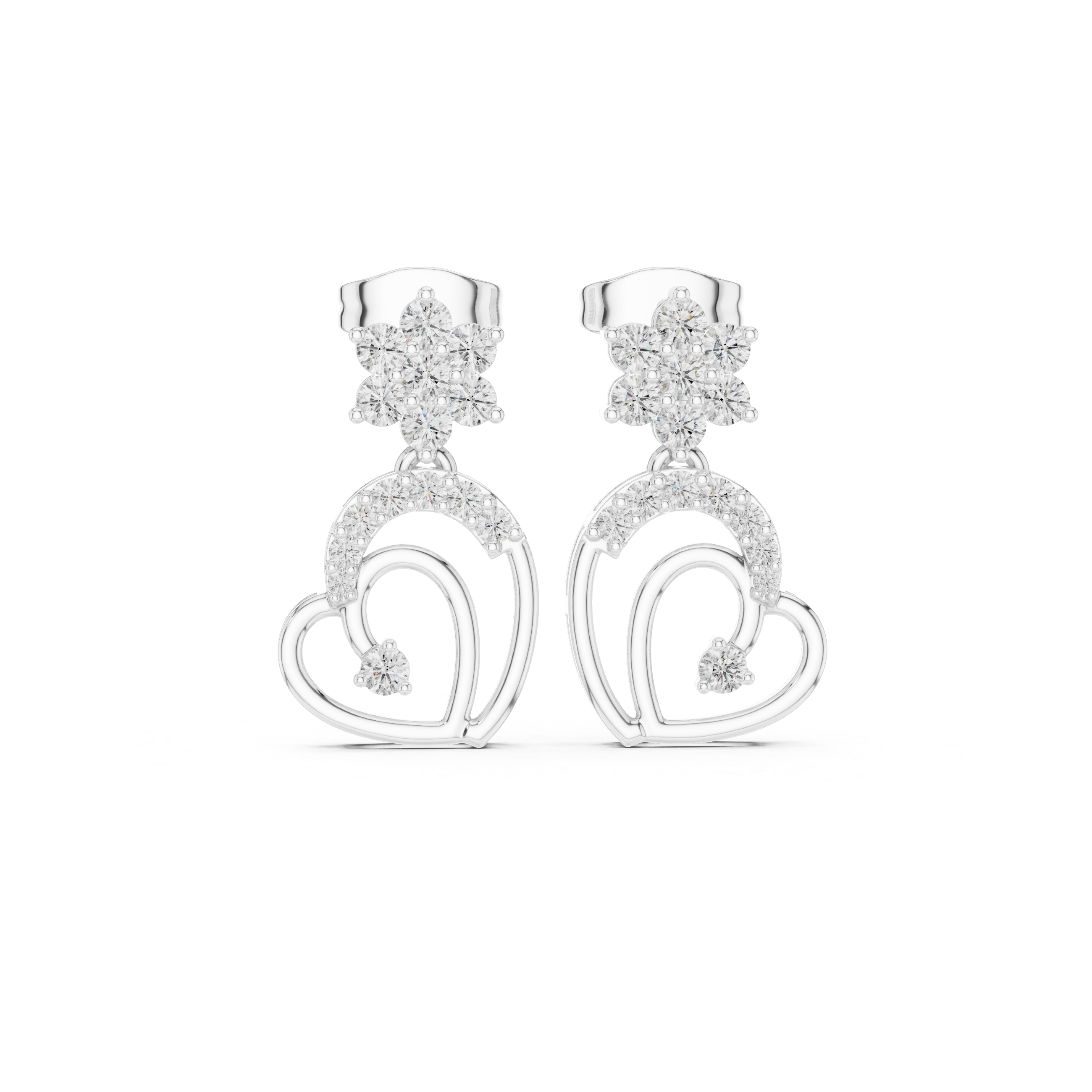Double Heart Moissanite Stud Earrings, 925 Sterling Silver, Flower Accent, Hypoallergenic, Luxury
