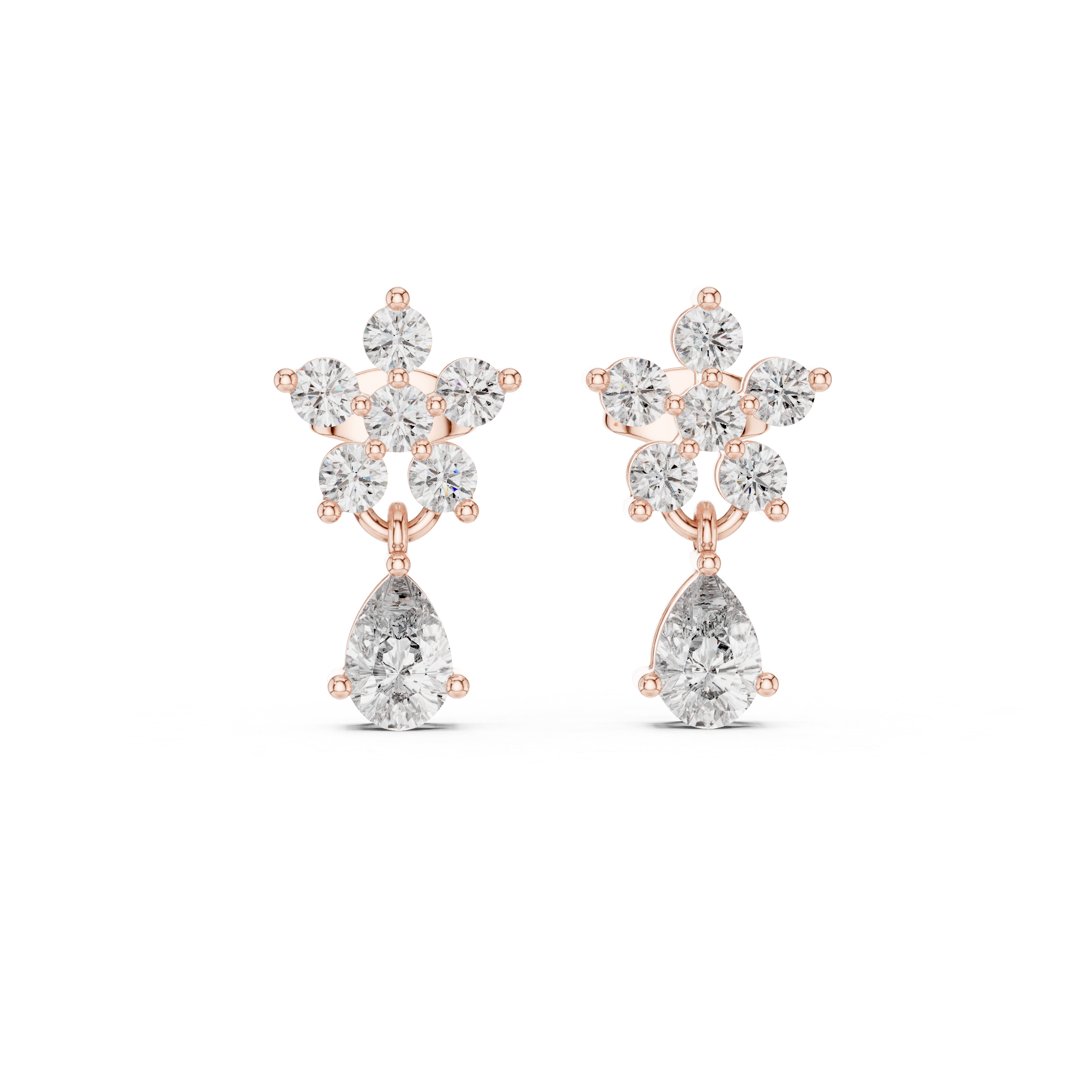 Dainty Moissanite Flower Drop Earrings, 925 Sterling Silver, Pear Cut Dangle