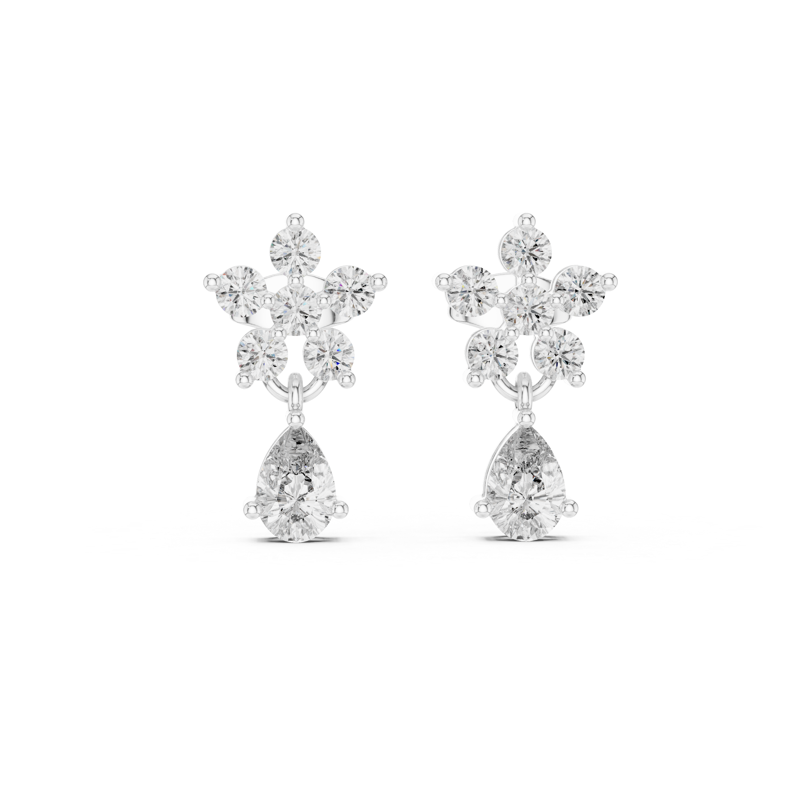 Dainty Moissanite Flower Drop Earrings, 925 Sterling Silver, Pear Cut Dangle