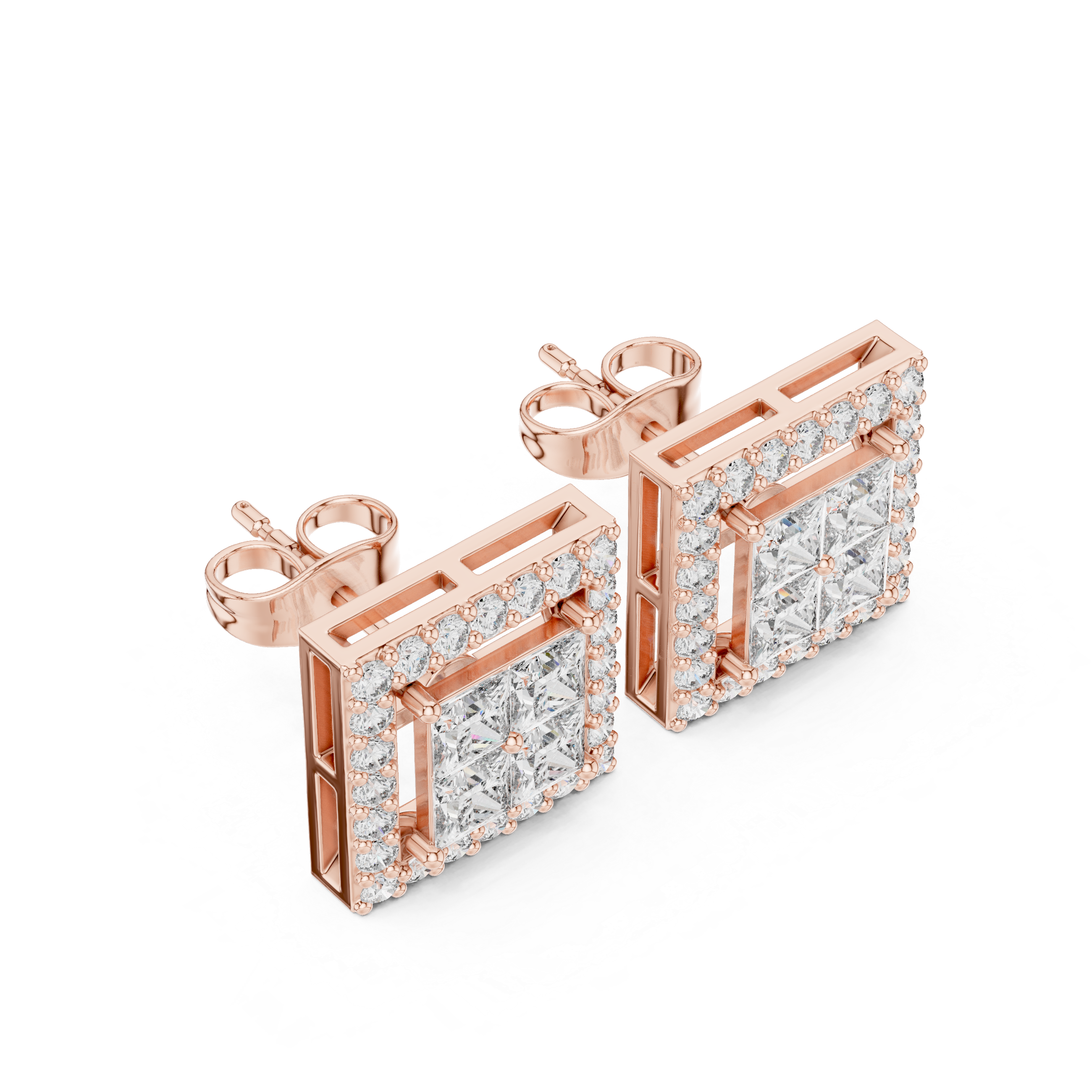 Princess Cut Moissanite Halo Stud Earrings, Sterling Silver Square Geometric Sparkle