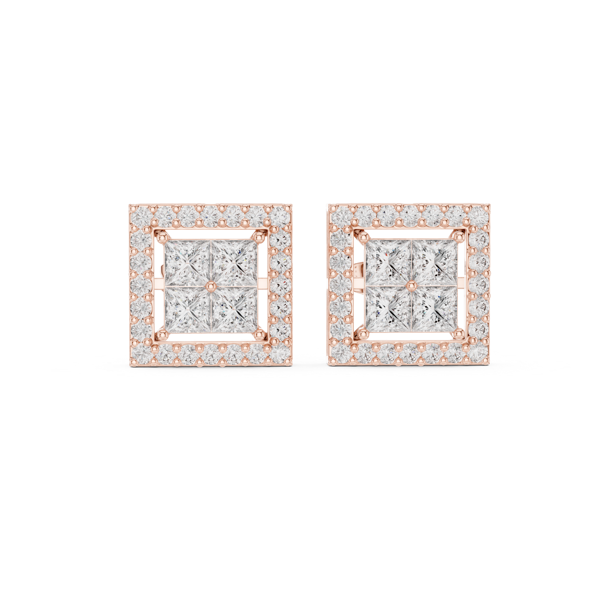 Princess Cut Moissanite Halo Stud Earrings, Sterling Silver Square Geometric Sparkle