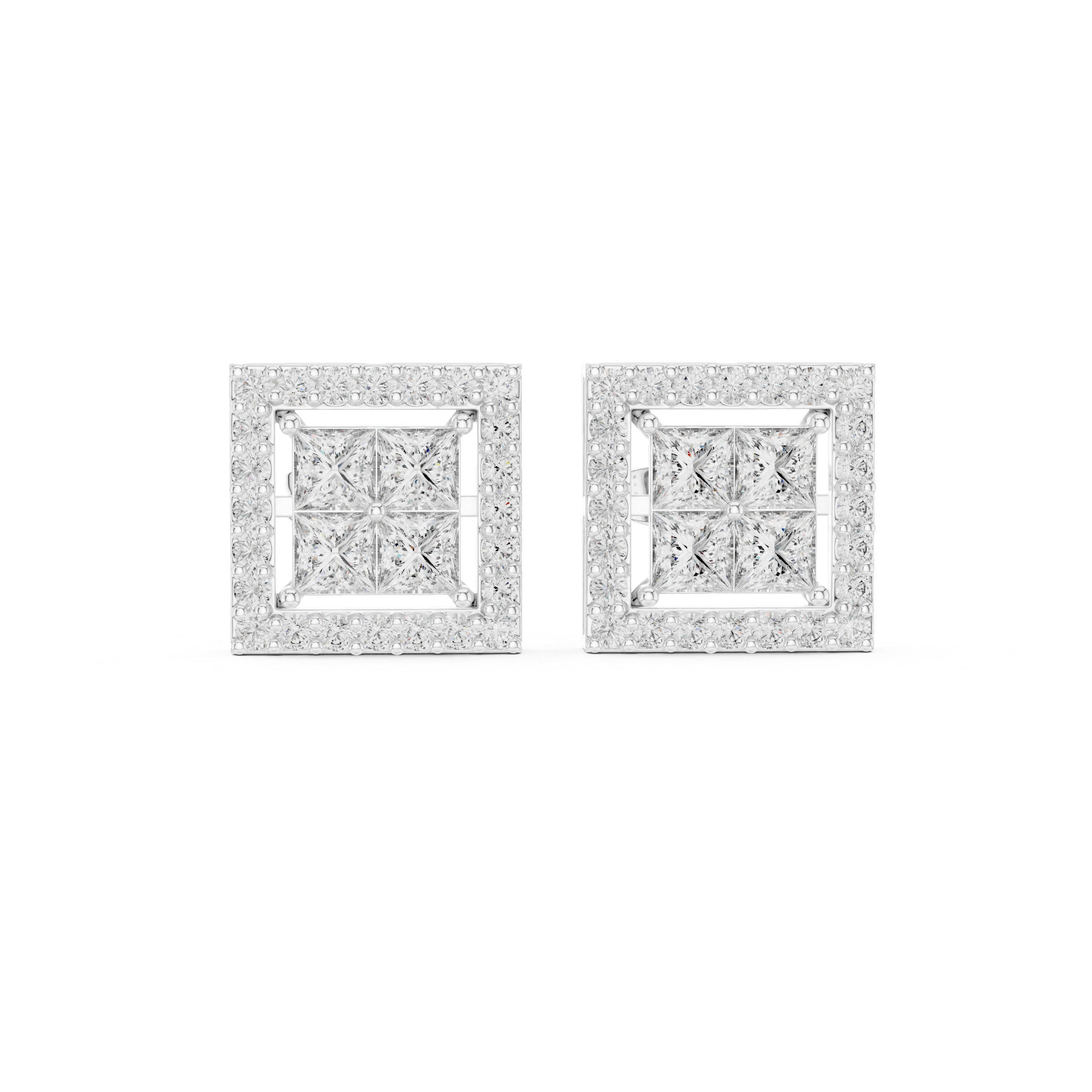 Princess Cut Moissanite Halo Stud Earrings, Sterling Silver Square Geometric Sparkle