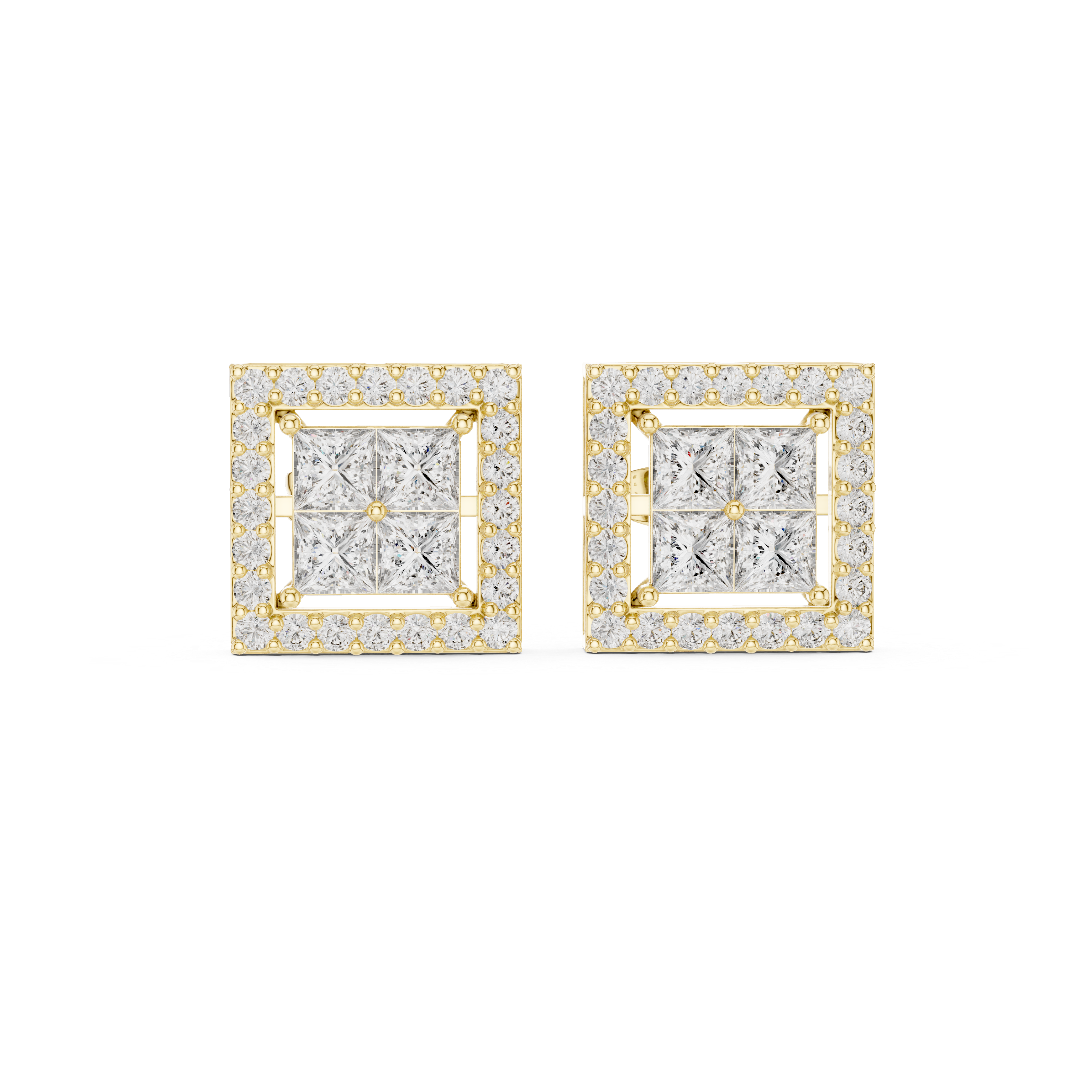 Princess Cut Moissanite Halo Stud Earrings, Sterling Silver Square Geometric Sparkle