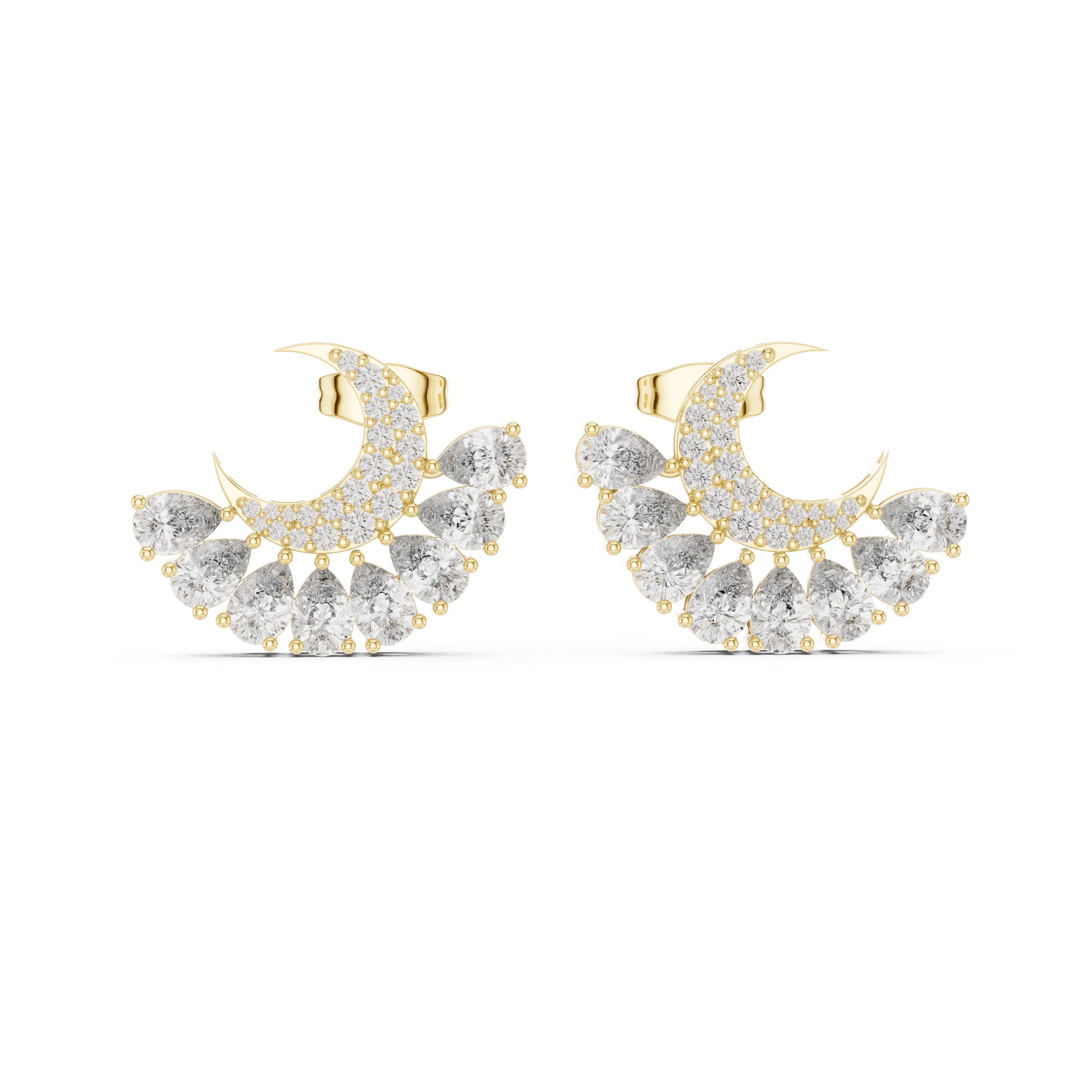 Crescent Moon Moissanite Earrings, 925 Sterling Silver, Pear Cut Celestial Studs