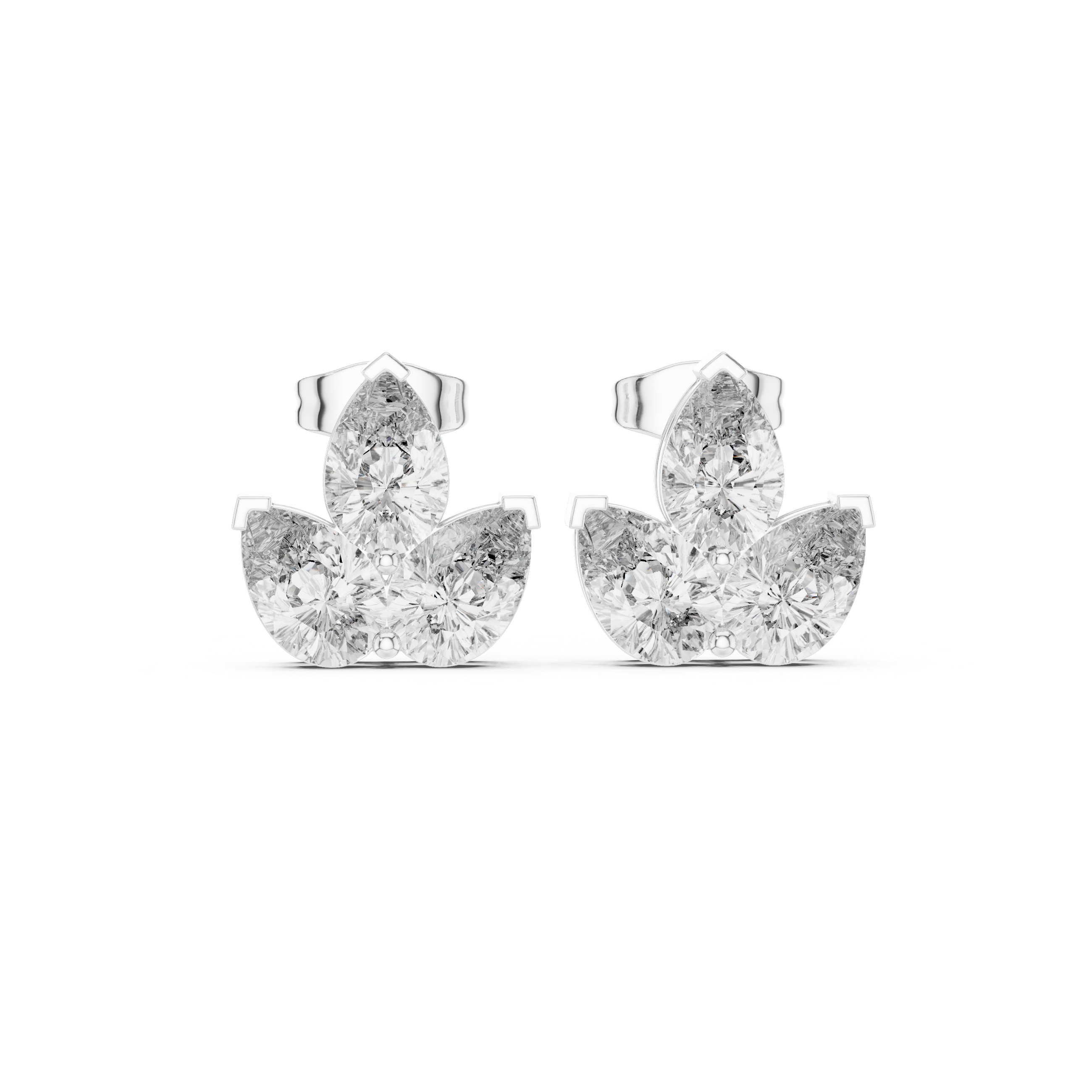 Sterling Silver Lotus Flower Moissanite Stud Earrings, Trio Bridal Sparkle