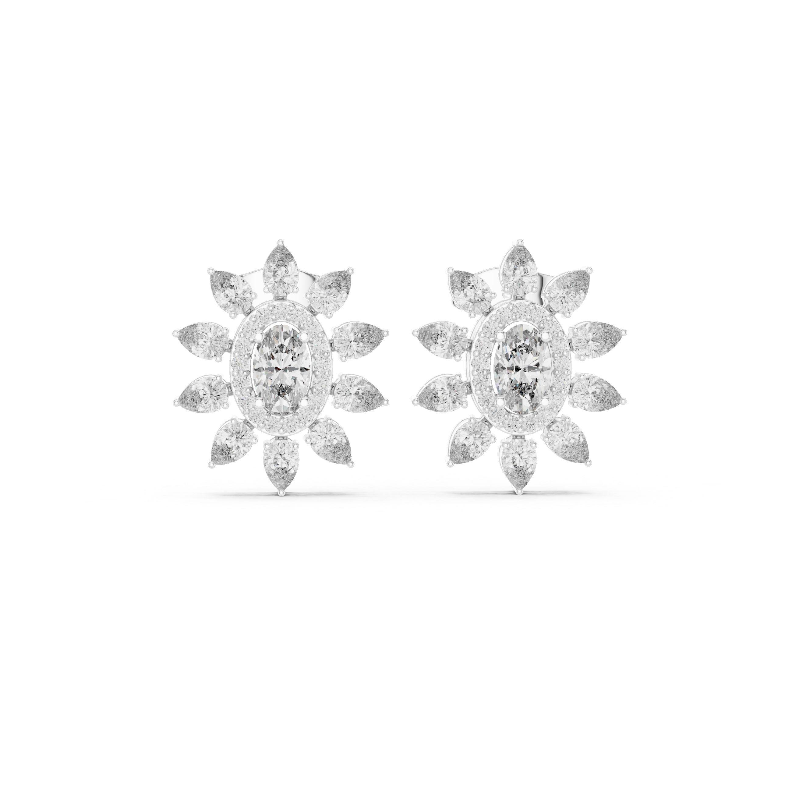 Oval Moissanite Flower Earrings, 925 Sterling Silver, Art Deco Halo Bridal