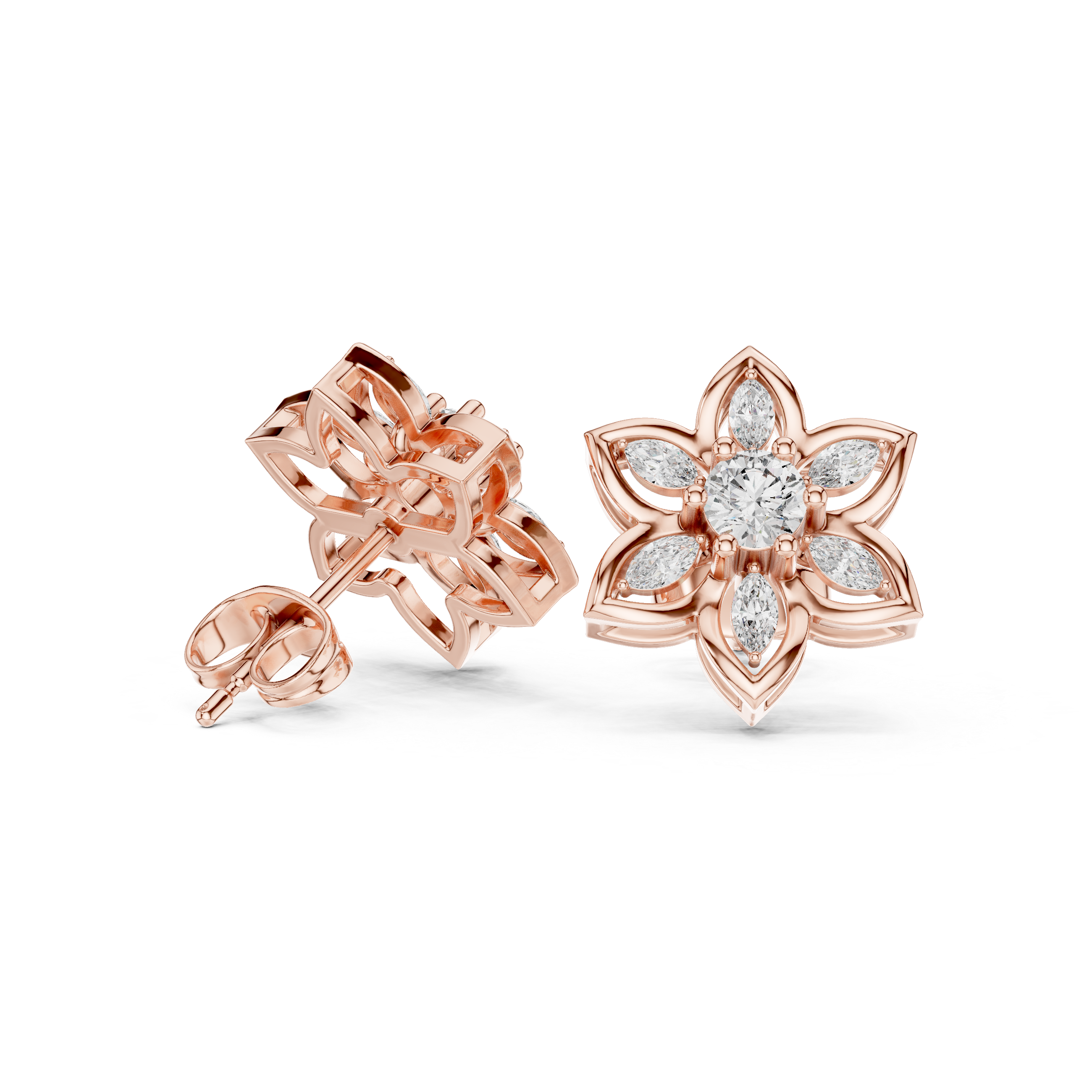 Flower Moissanite Stud Earrings, 925 Sterling Silver, Dainty Bridal Statement