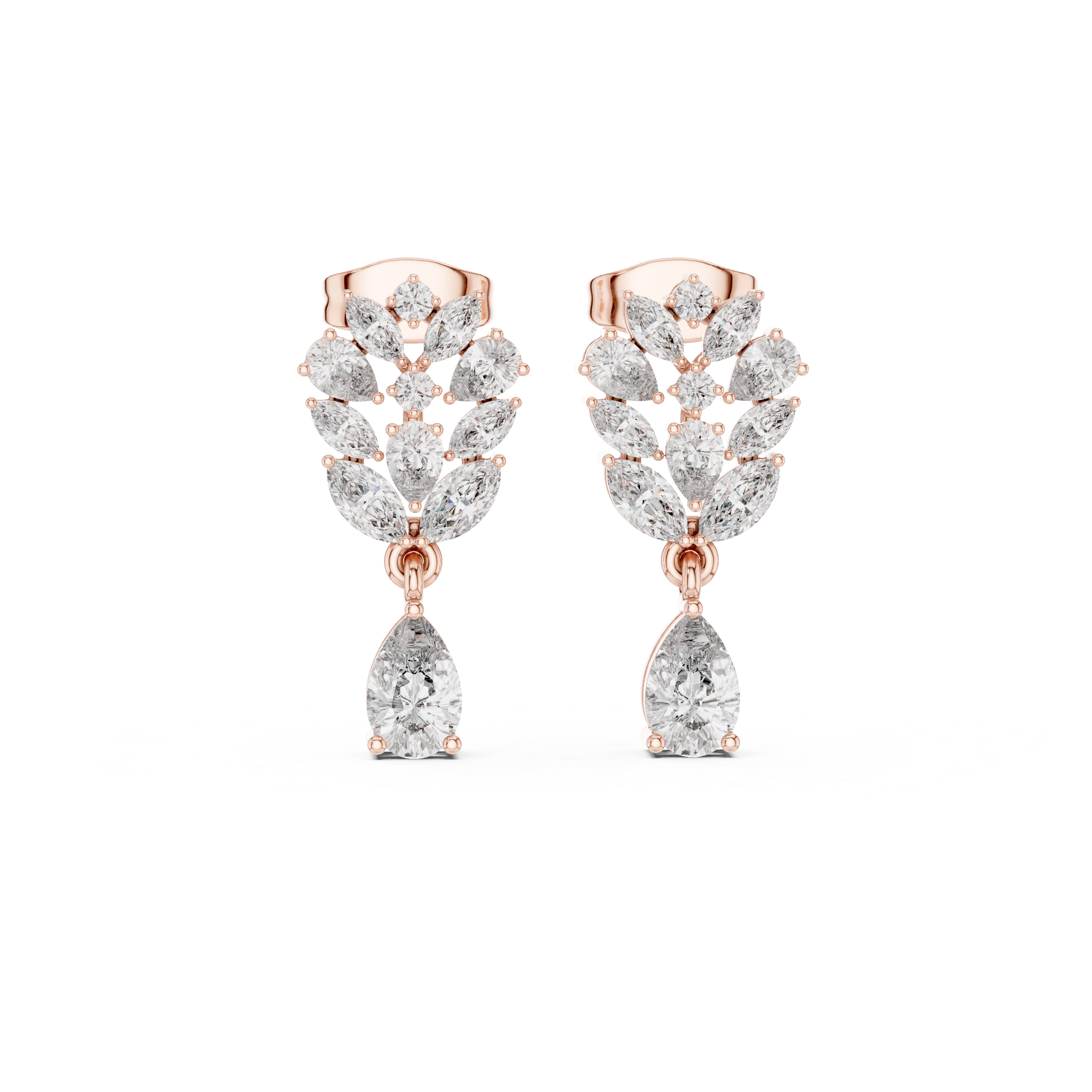 Leaf Cluster Pear Cut Moissanite Earrings, Sterling Silver Bridal Vine Floral (D Color, VVS1)