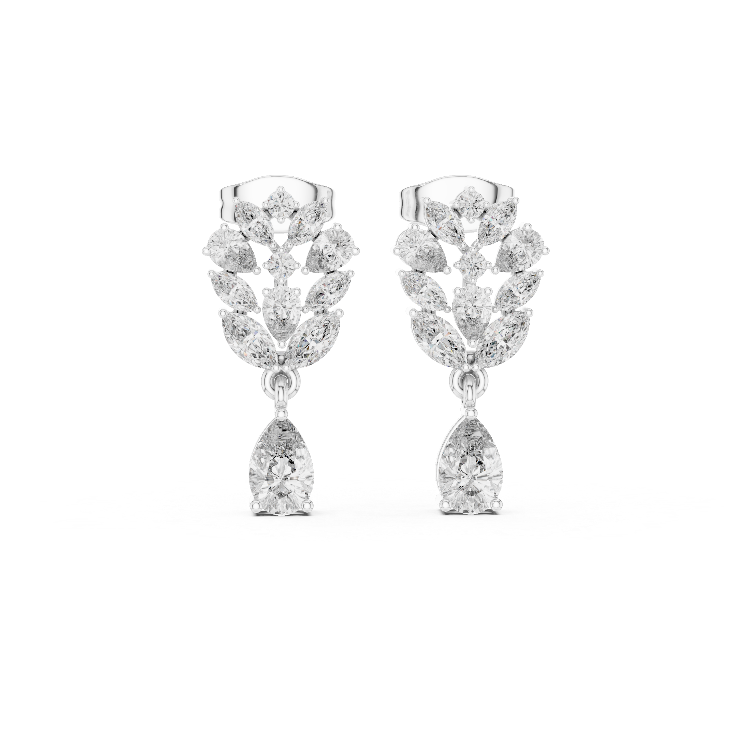 Leaf Cluster Pear Cut Moissanite Earrings, Sterling Silver Bridal Vine Floral (D Color, VVS1)