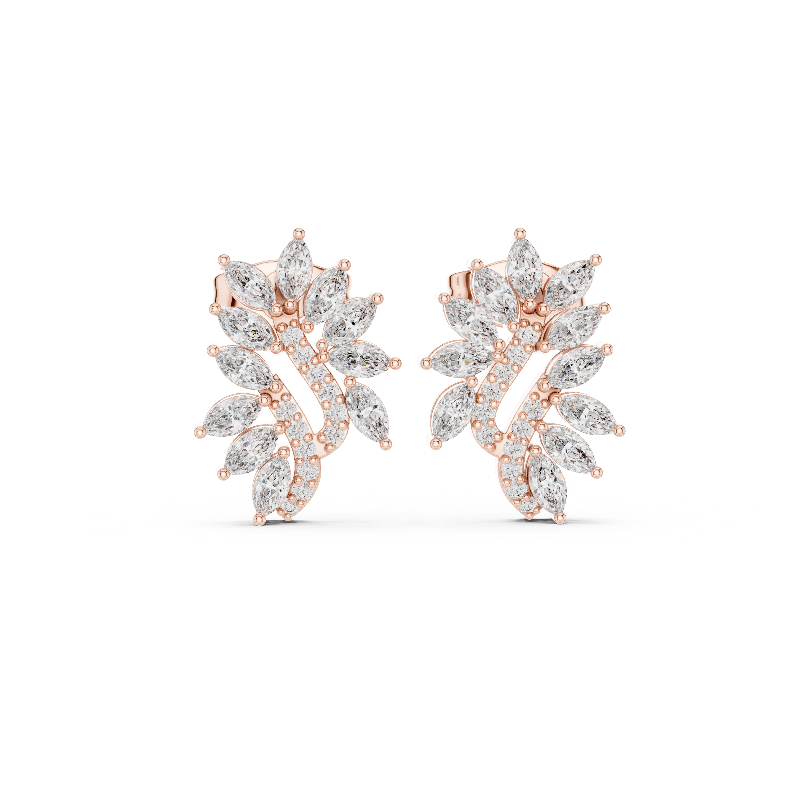 Nature Inspired Leaf Moissanite Stud Earrings, 925 Sterling Silver Marquise Vine Bridal Earrings