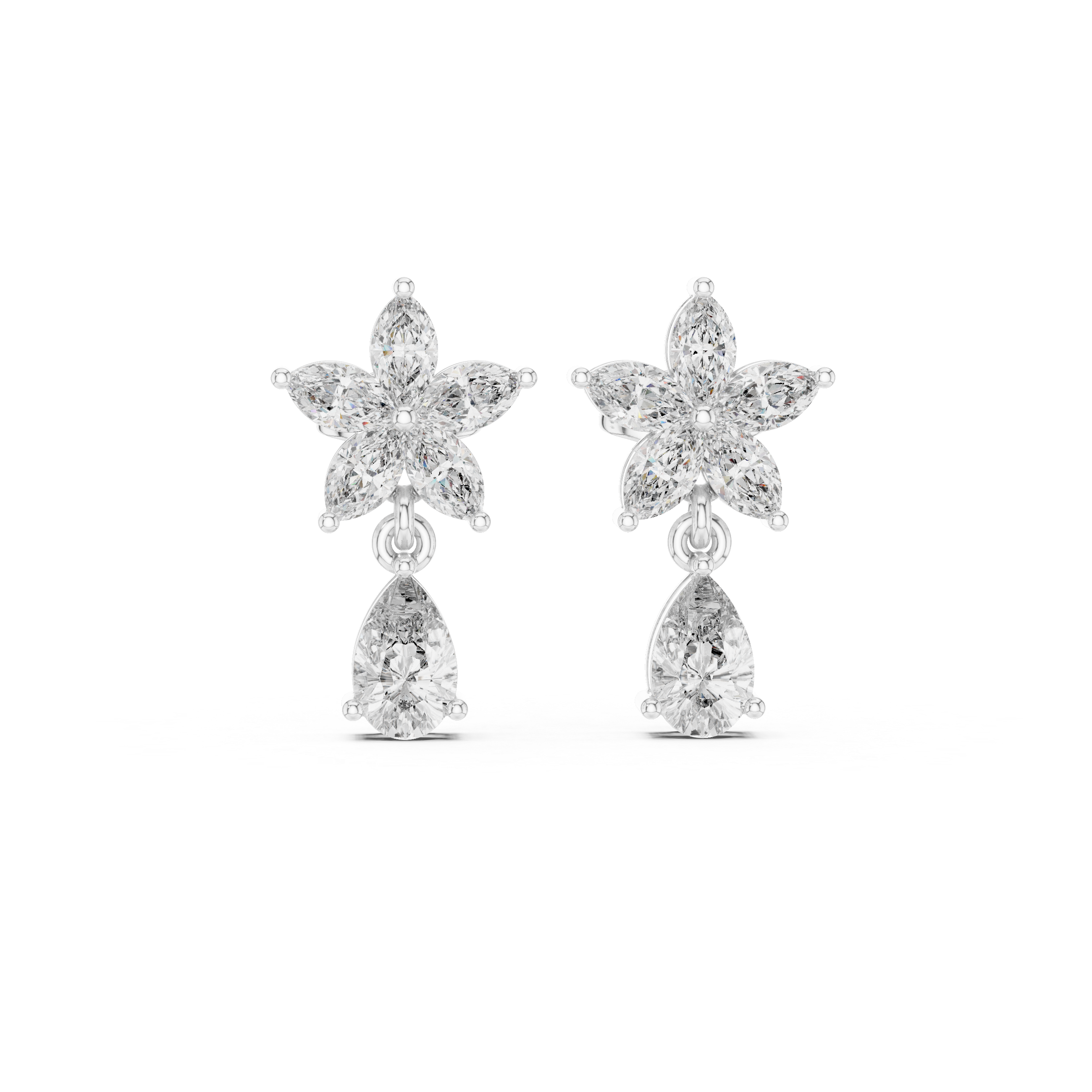 Floral Pear Cut Moissanite Dangle Earrings, 925 Sterling Silver, Art Deco Bridal