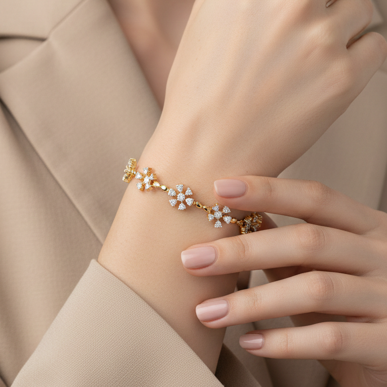 Handmade Moissanite Flower Bracelet, 925 Sterling Silver, Bridal Floral Jewelry