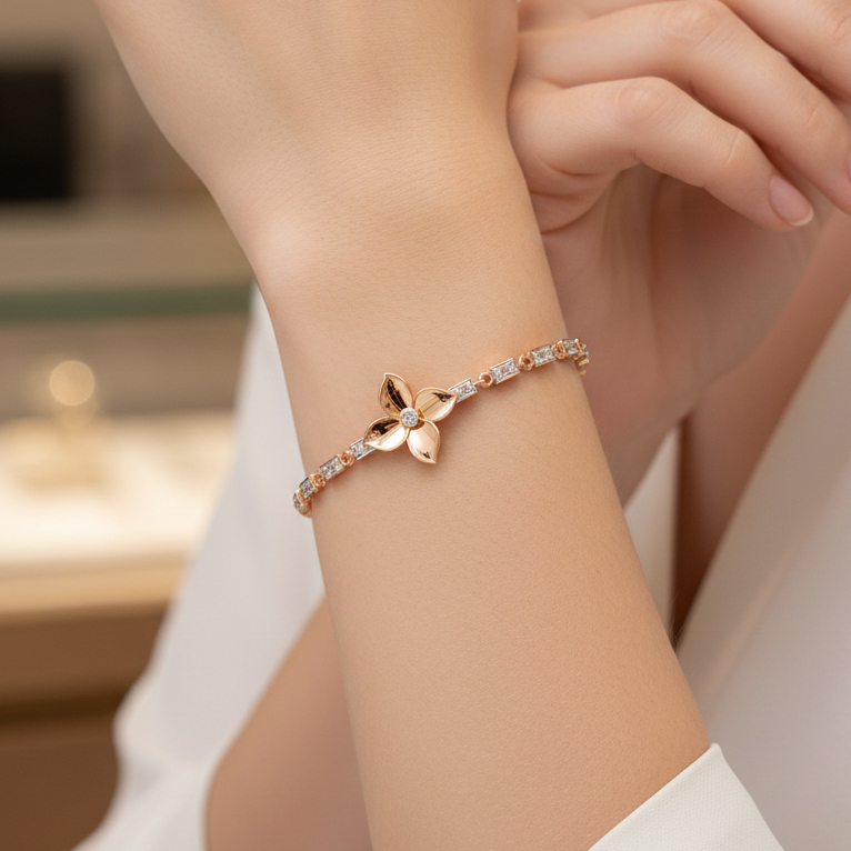 Handmade Moissanite Flower Bracelet, 925 Sterling Silver, Bridal Jewelry