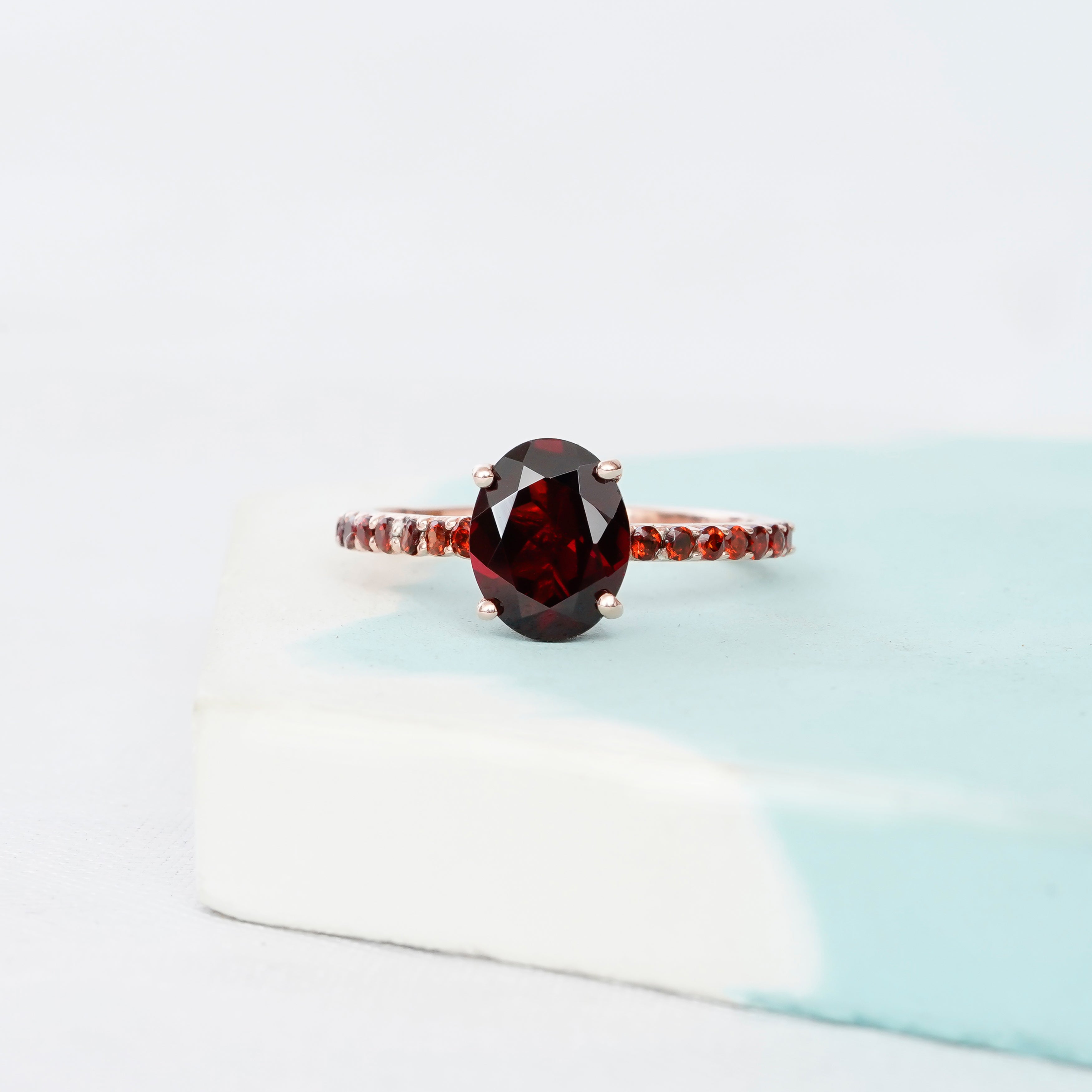 Garnet Engagement Ring Set, Sterling Silver Moissanite Chevron Band