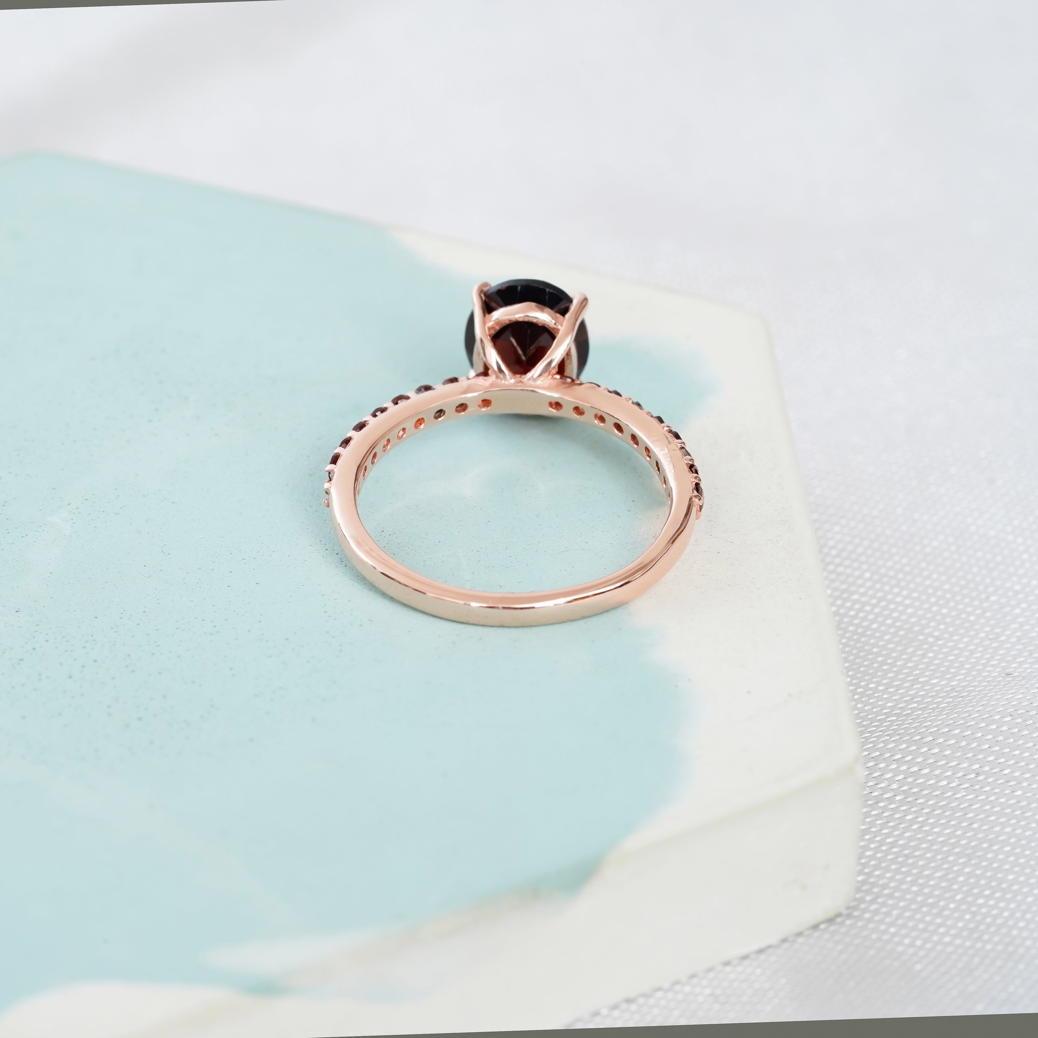 Garnet Engagement Ring Set, Sterling Silver Moissanite Chevron Band