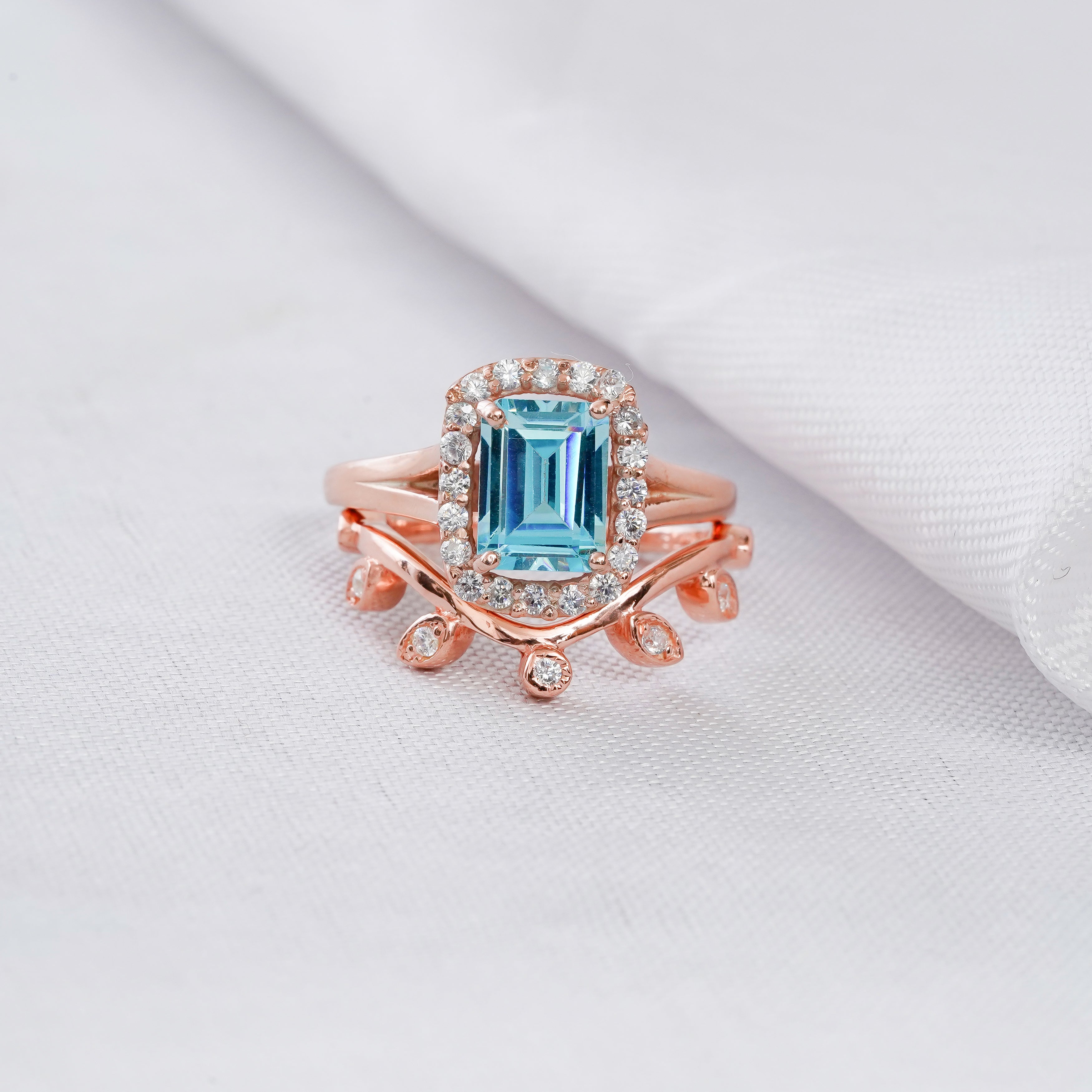 Aquamarine Engagement Ring Set, Emerald Cut Sterling Silver Leaf Wedding Band