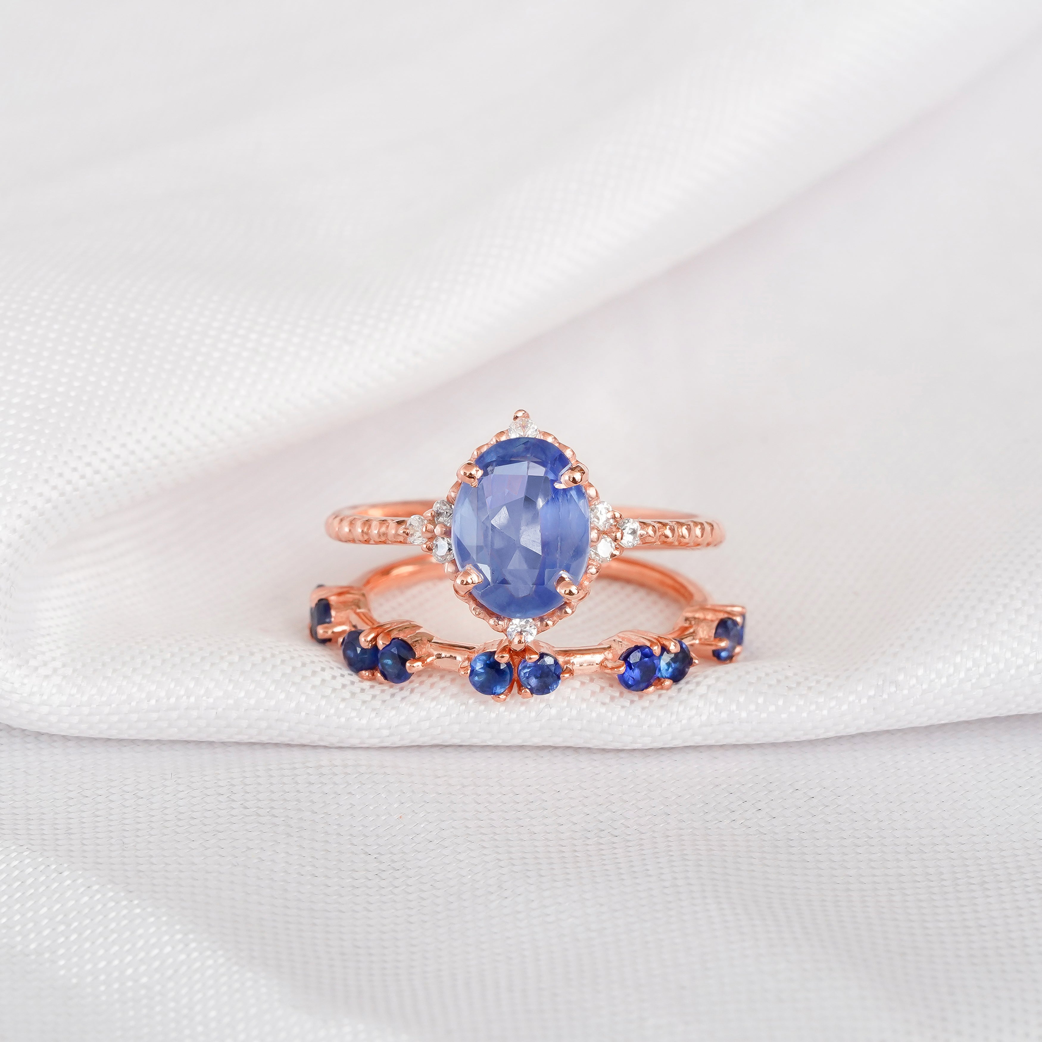 Blue Sapphire Engagement Ring Set, Sterling Silver Floral Halo Bridal Ring
