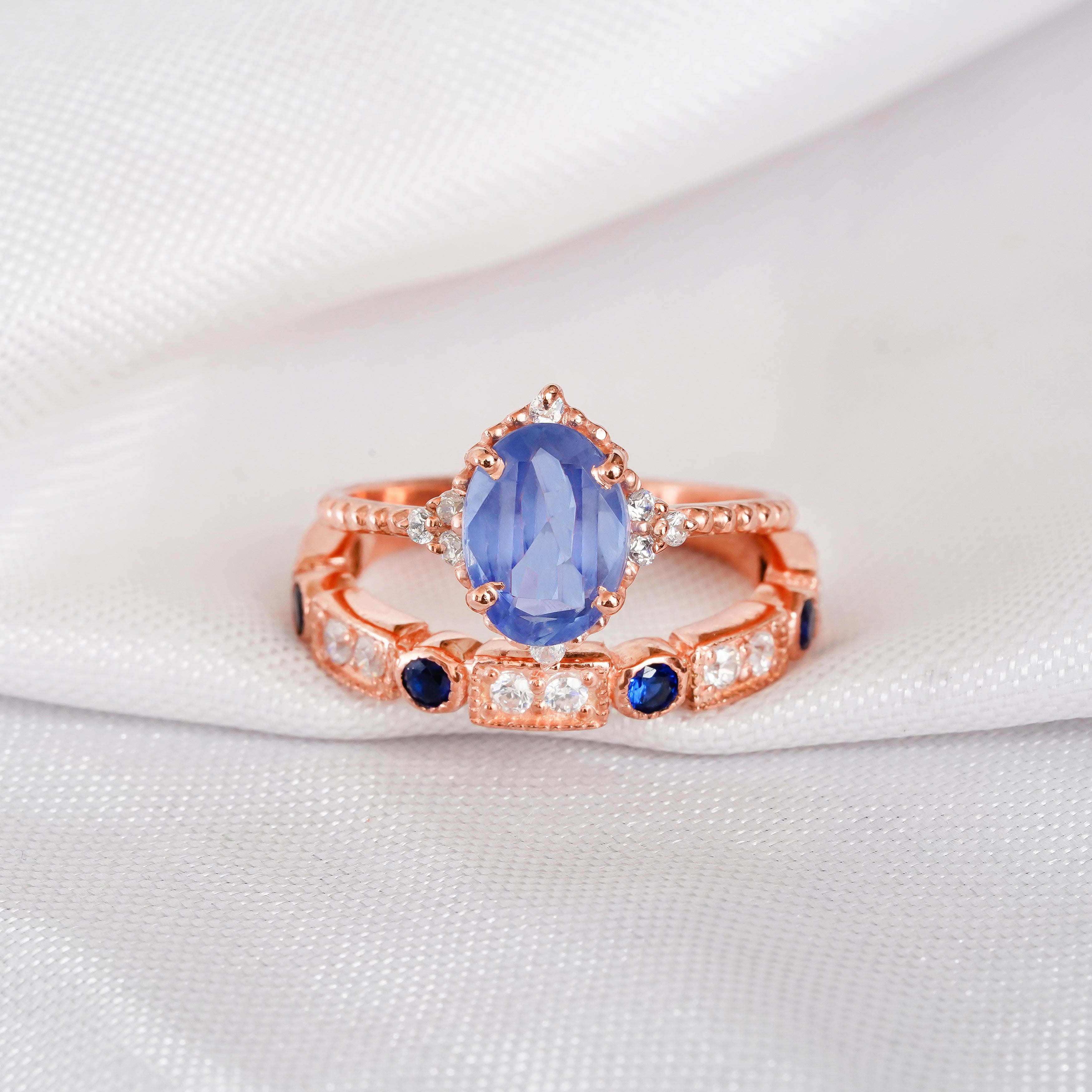 Blue Sapphire Engagement Ring Set, Art Deco Sterling Silver Floral Halo