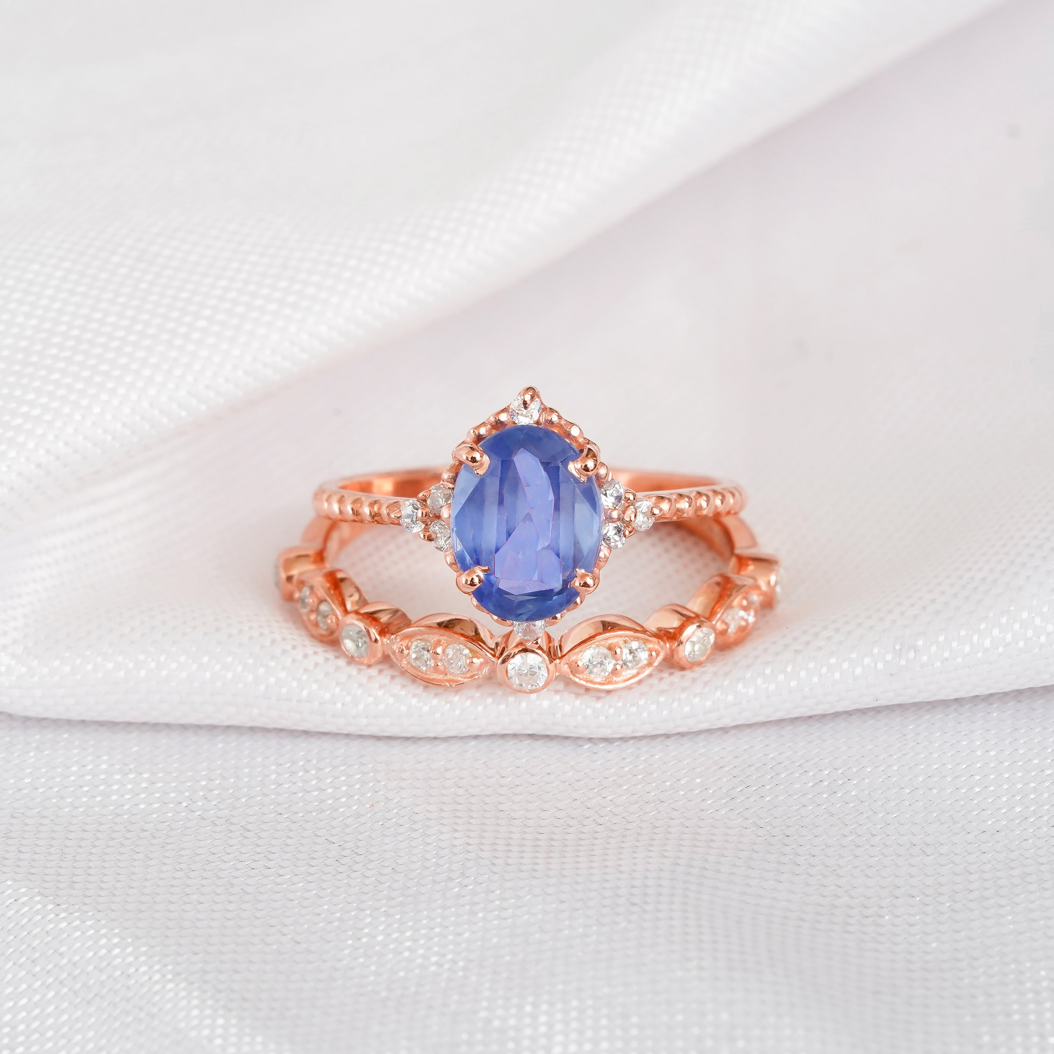 Blue Sapphire Engagement Ring Set, Moissanite Art Deco Wedding Band, Sterling Silver
