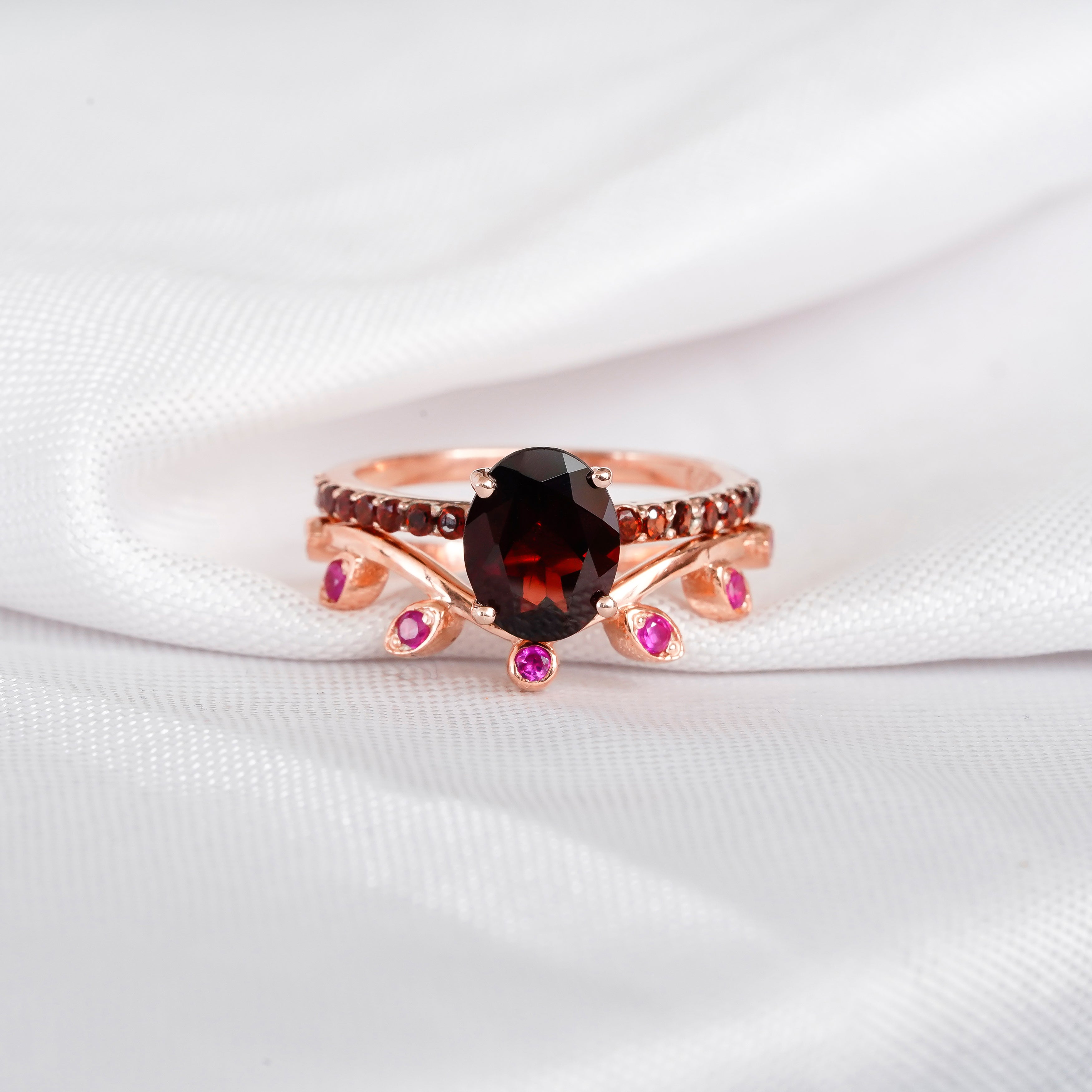 Garnet Engagement Ring Set, Ruby Leaf Wedding Band, Sterling Silver
