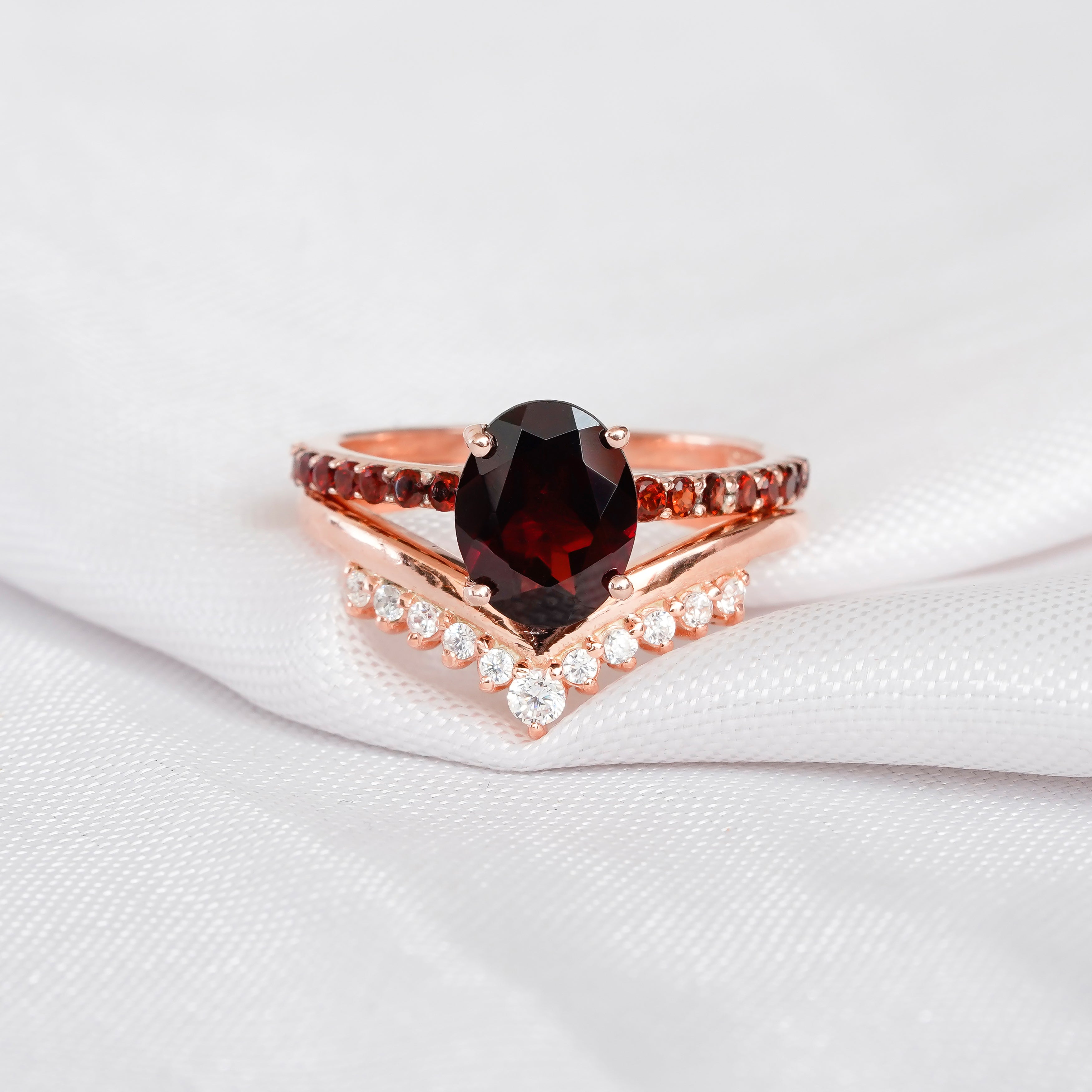 Garnet Engagement Ring Set, Sterling Silver Moissanite Chevron Band