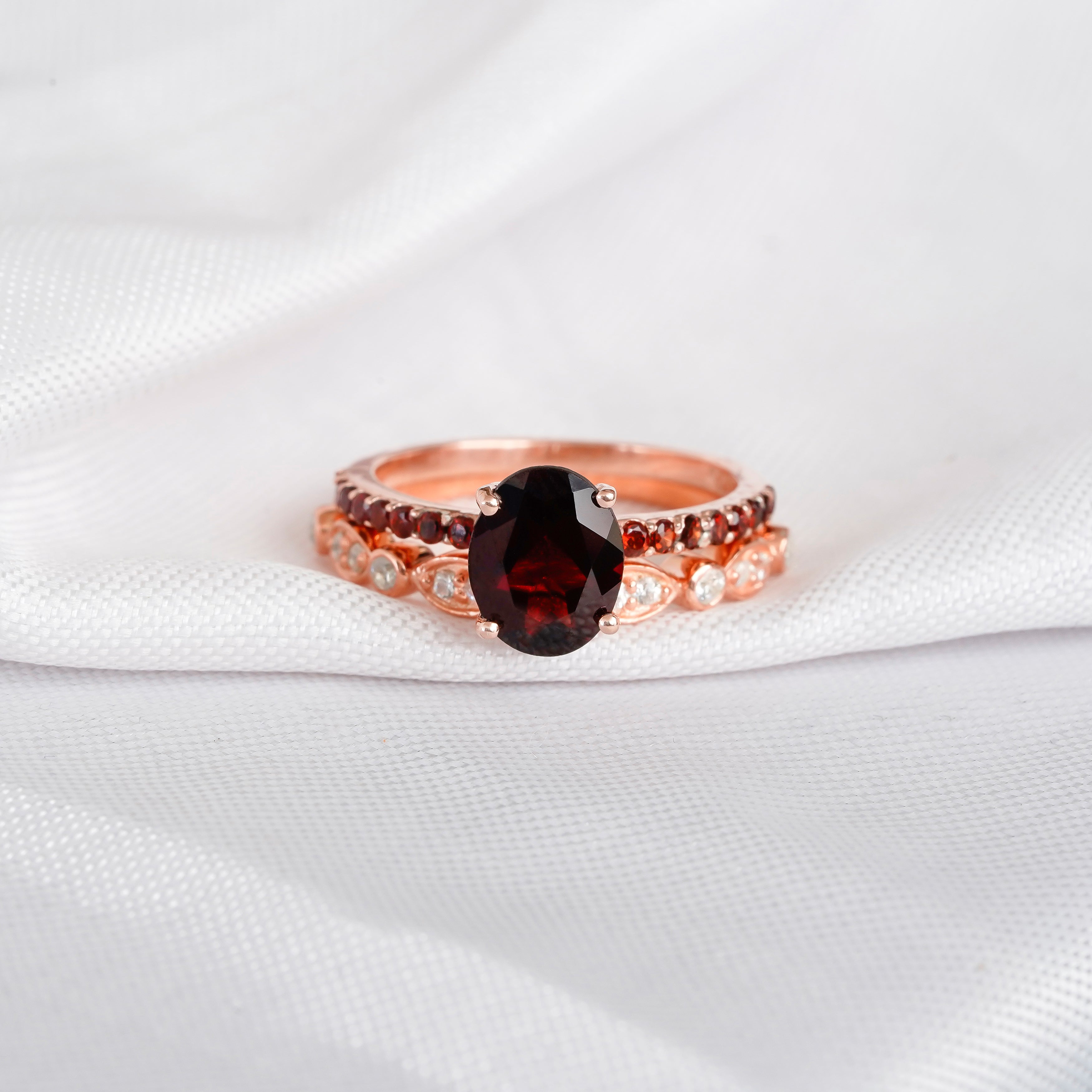Garnet Engagement Ring Set, Art Deco Moissanite Wedding Band, Sterling Silver