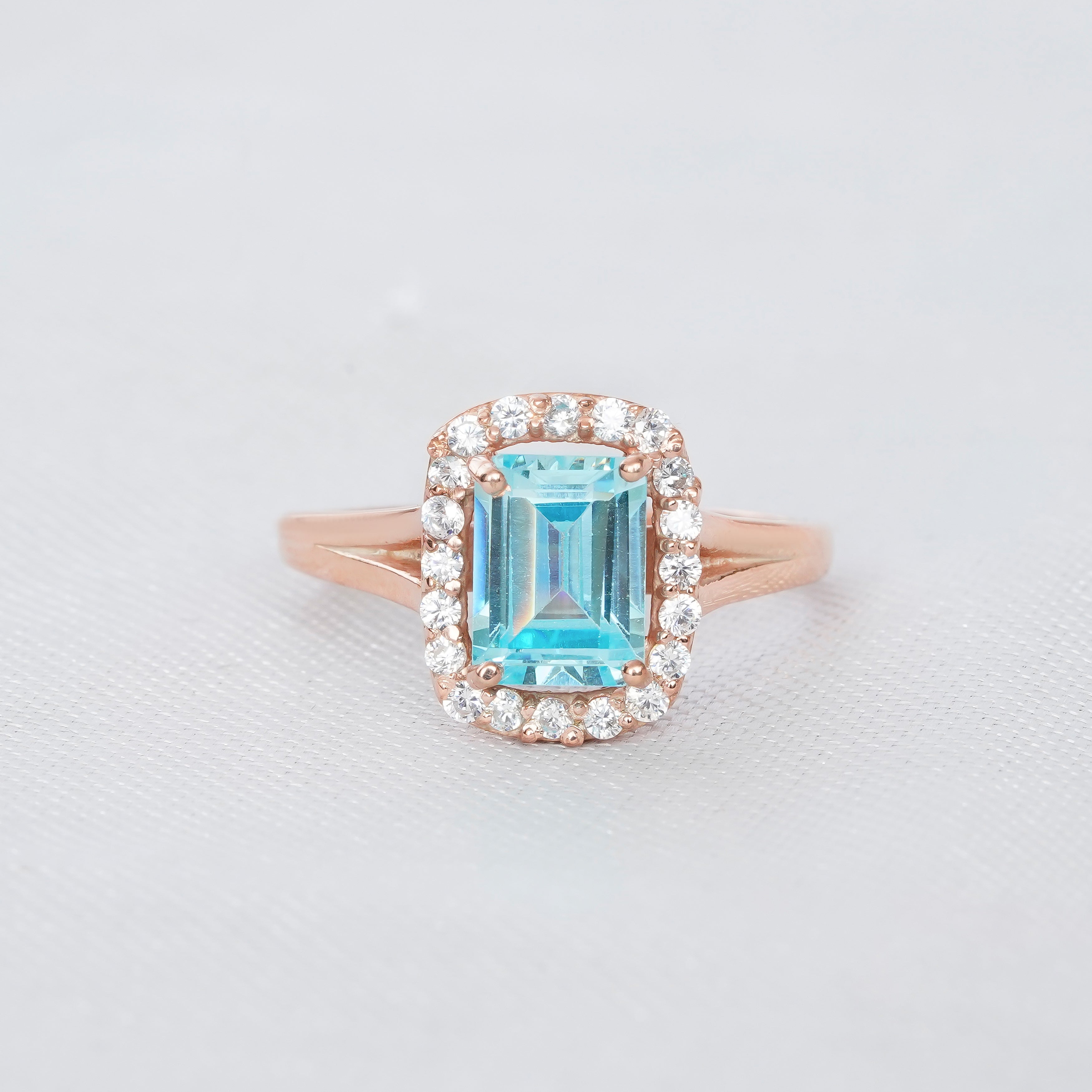 Aquamarine Engagement Ring Set, Emerald Cut Sterling Silver Leaf Wedding Band