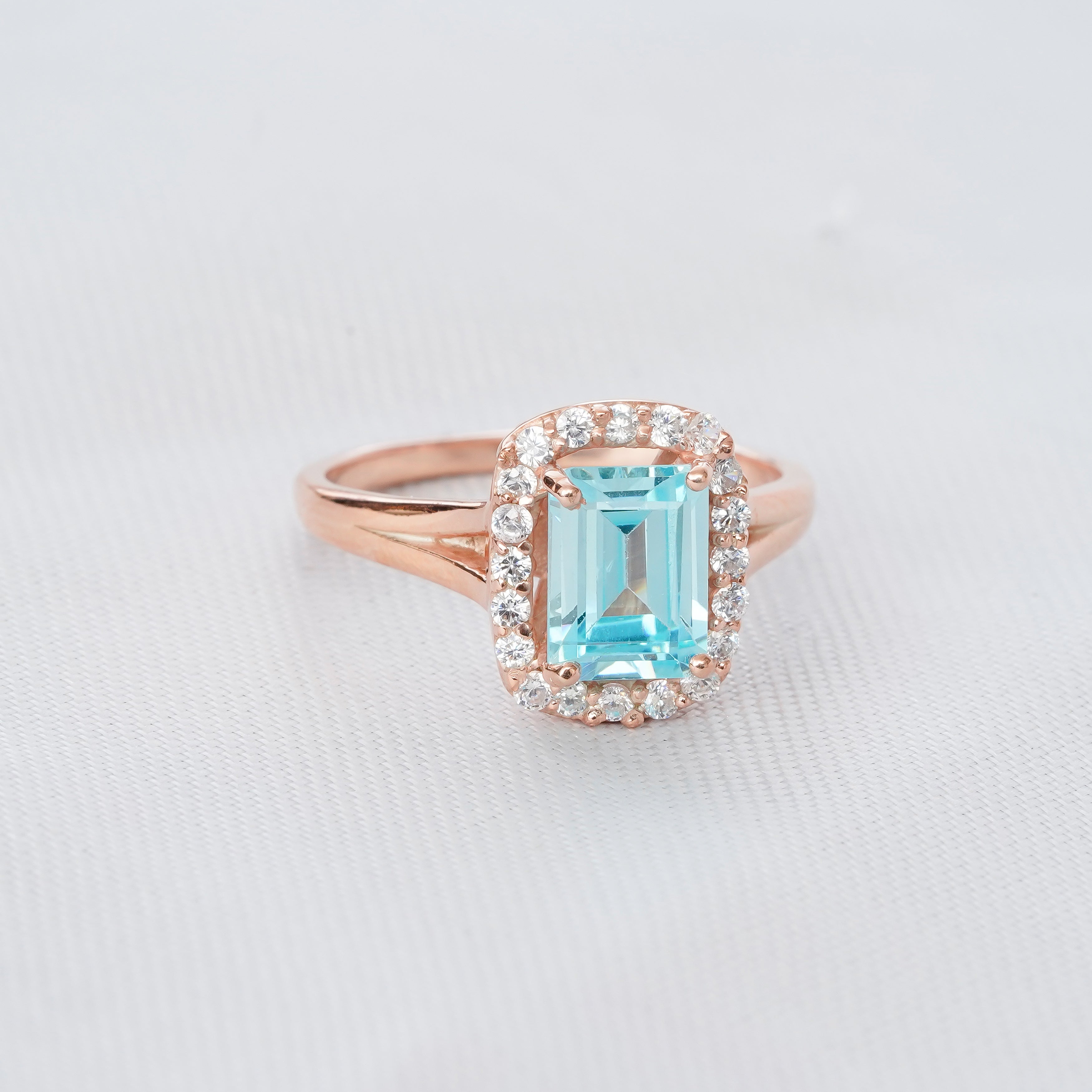 Aquamarine Engagement Ring Set, Emerald Cut Sterling Silver Leaf Wedding Band