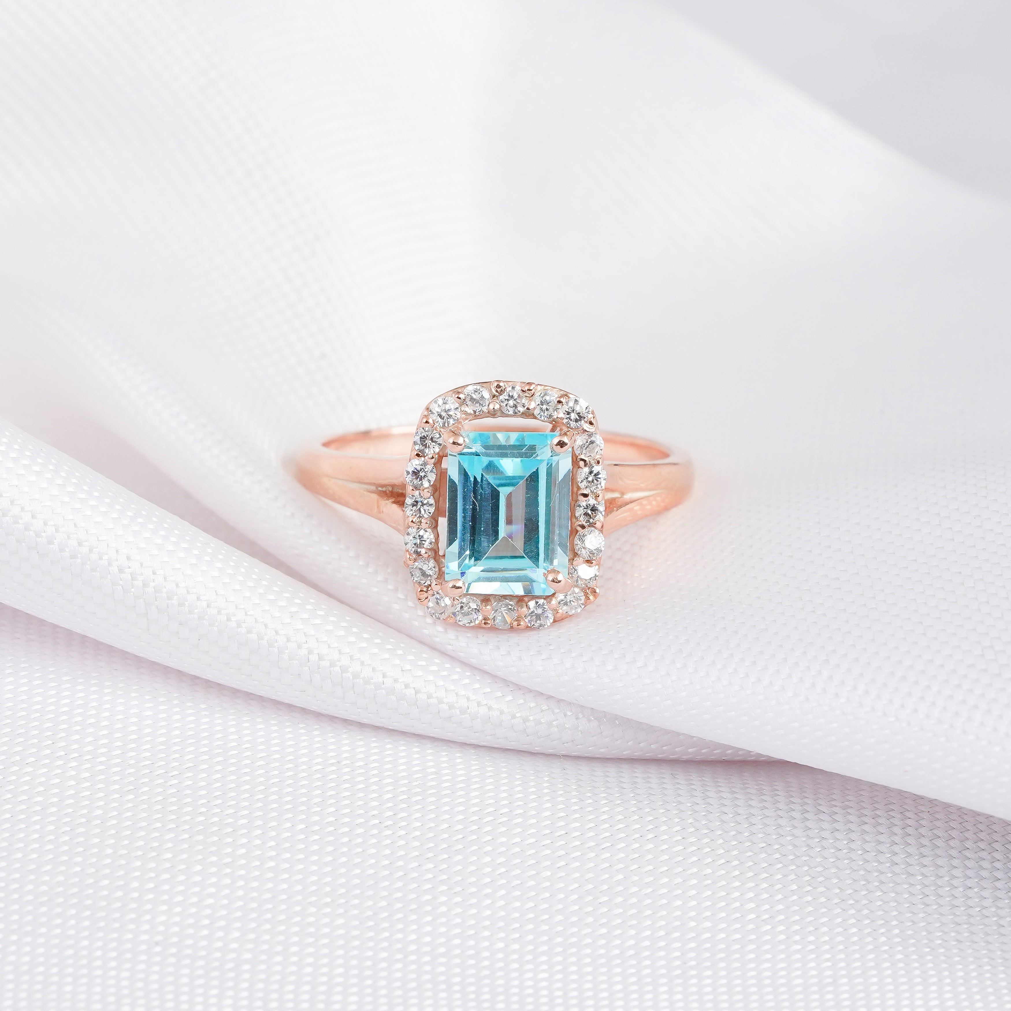 Aquamarine Engagement Ring Set, Moissanite Crown Band, Sterling Silver