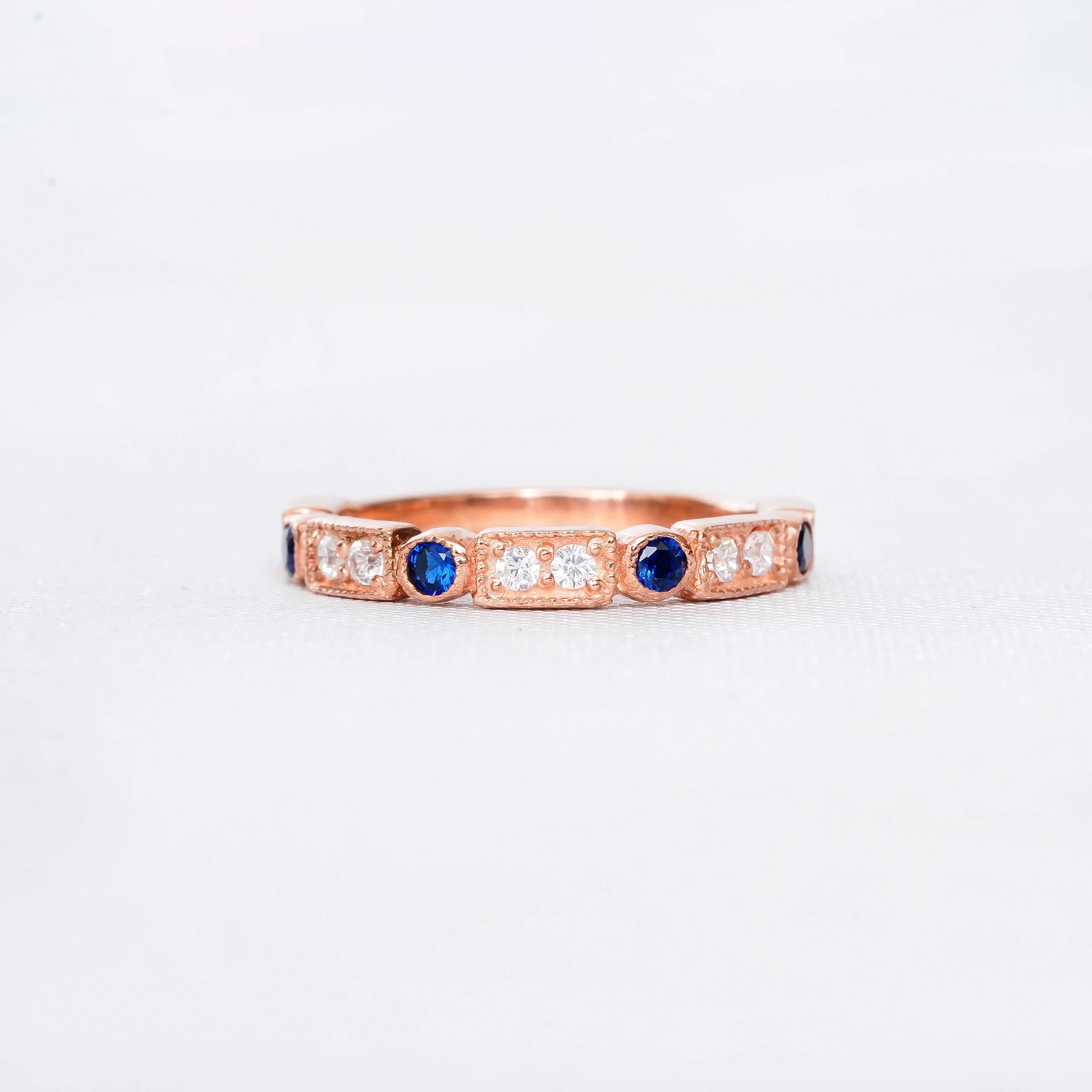 Blue Sapphire Engagement Ring Set, Art Deco Sterling Silver Floral Halo