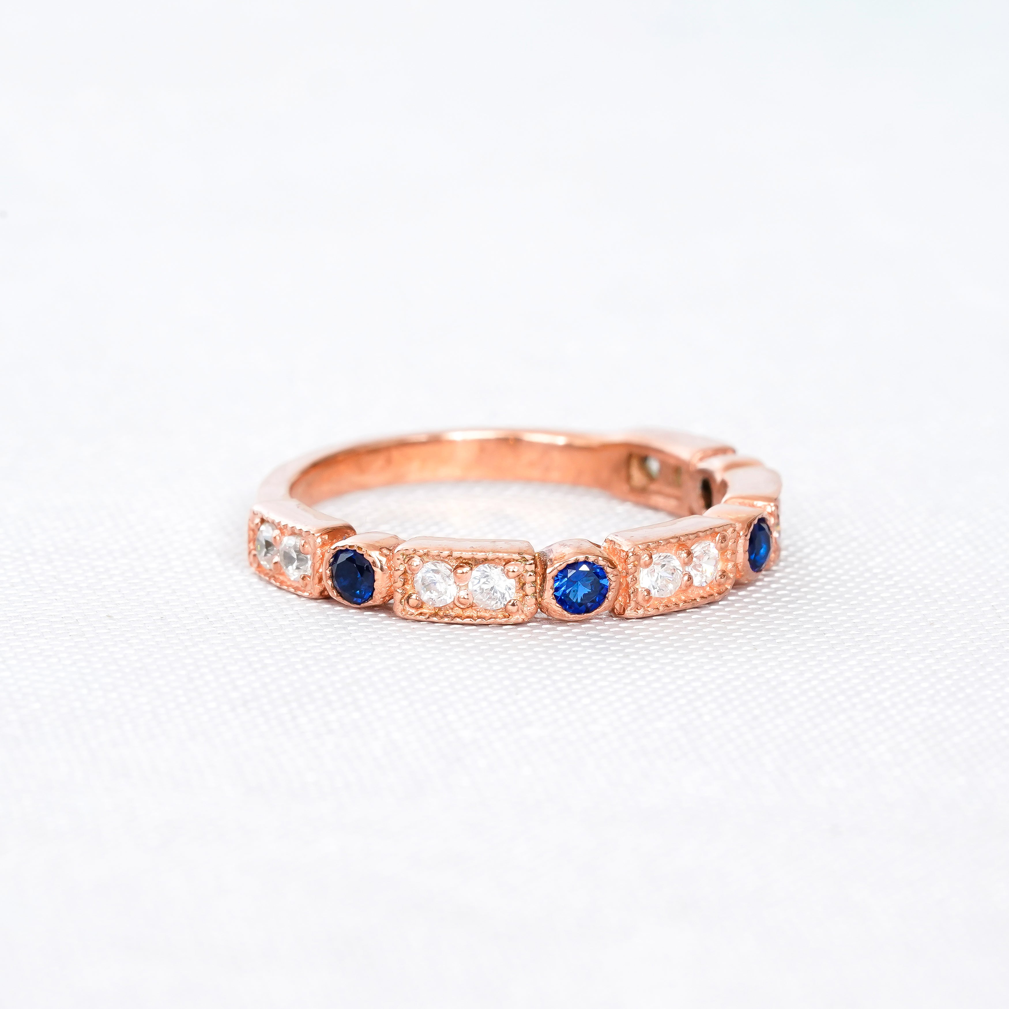 Blue Sapphire Engagement Ring Set, Art Deco Sterling Silver Floral Halo