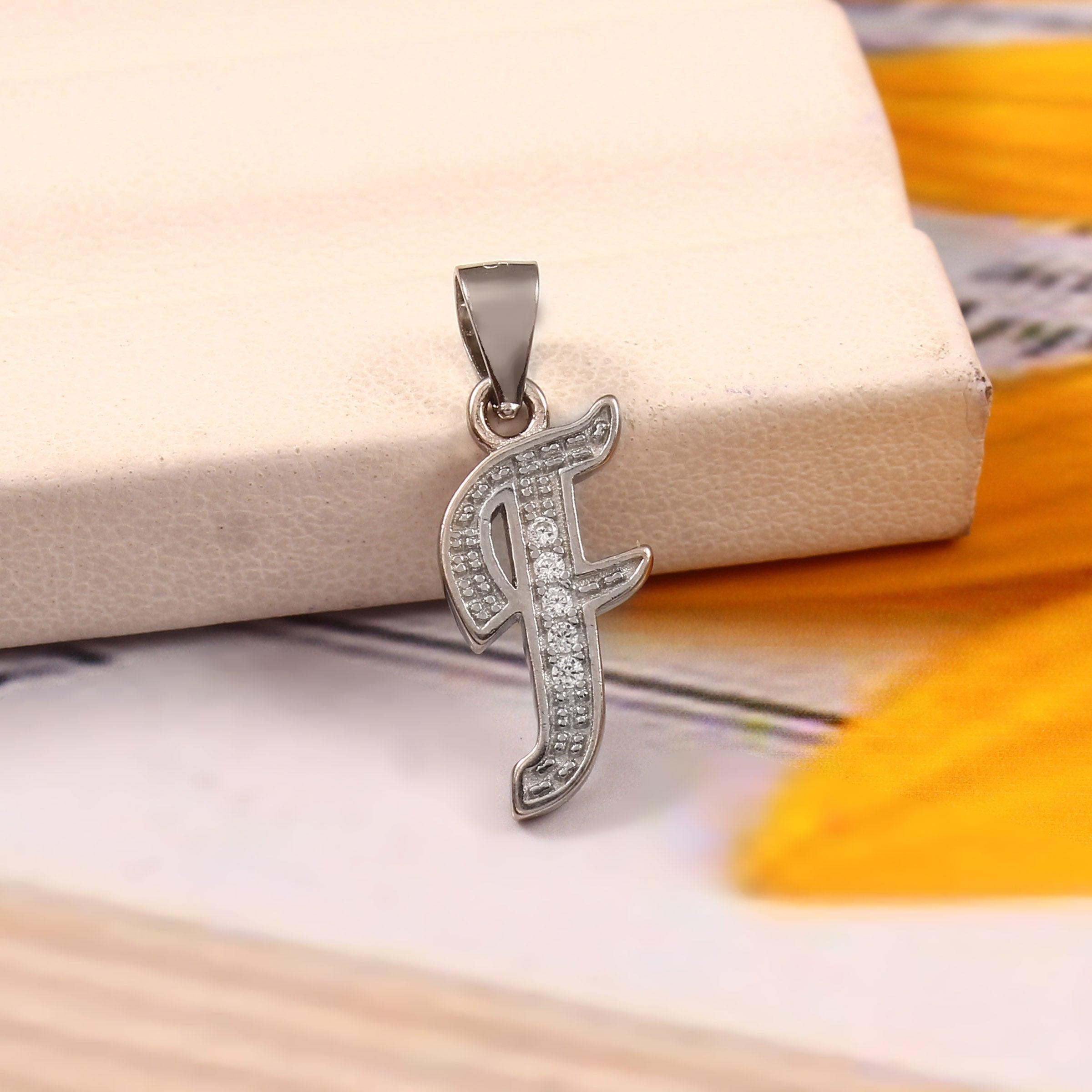 Cursive Initial Necklace, Diamond "F" Pendant, Sterling Silver, Handmade