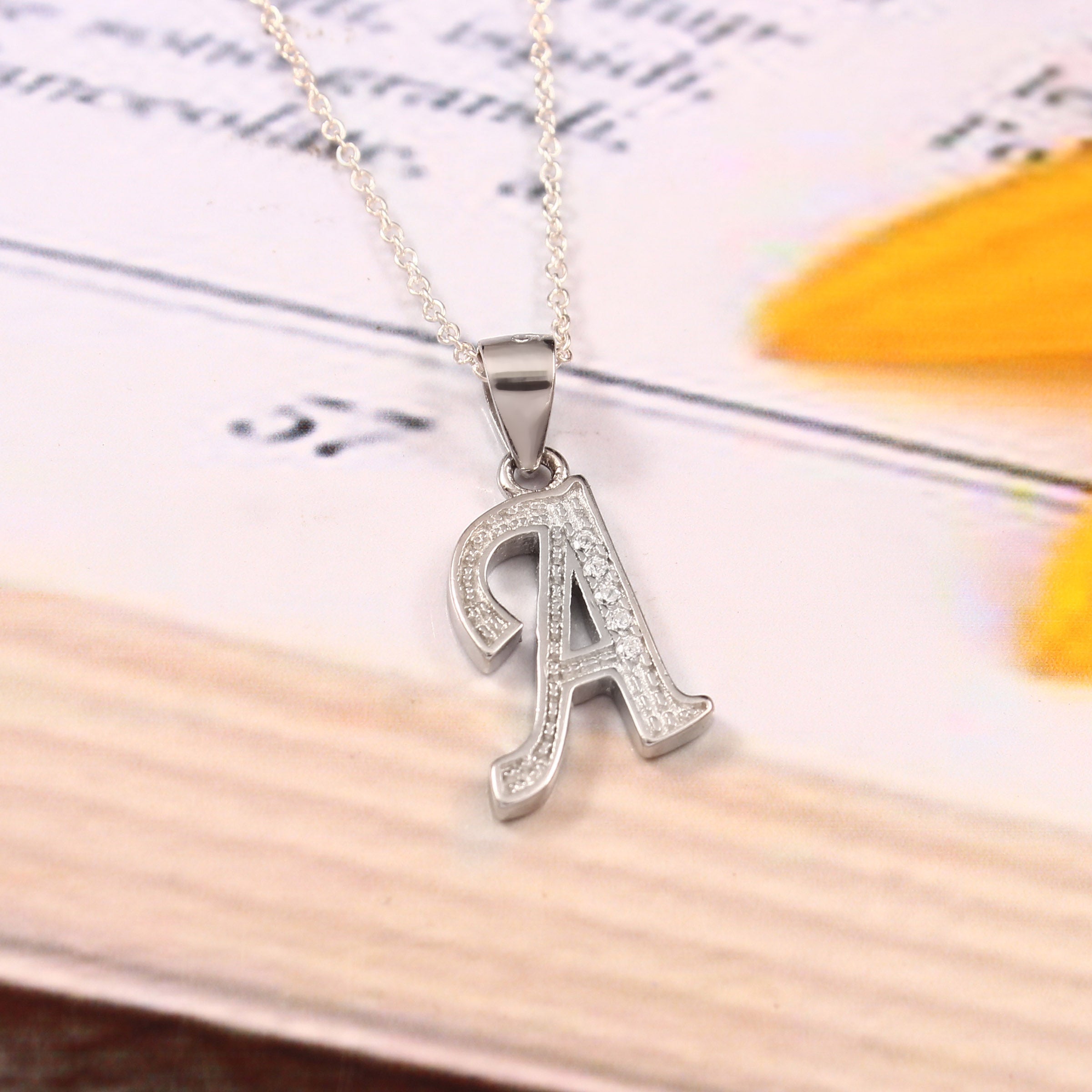 Cursive Initial Necklace, Sterling Silver CZ Letter Pendant, 18 Inch Chain