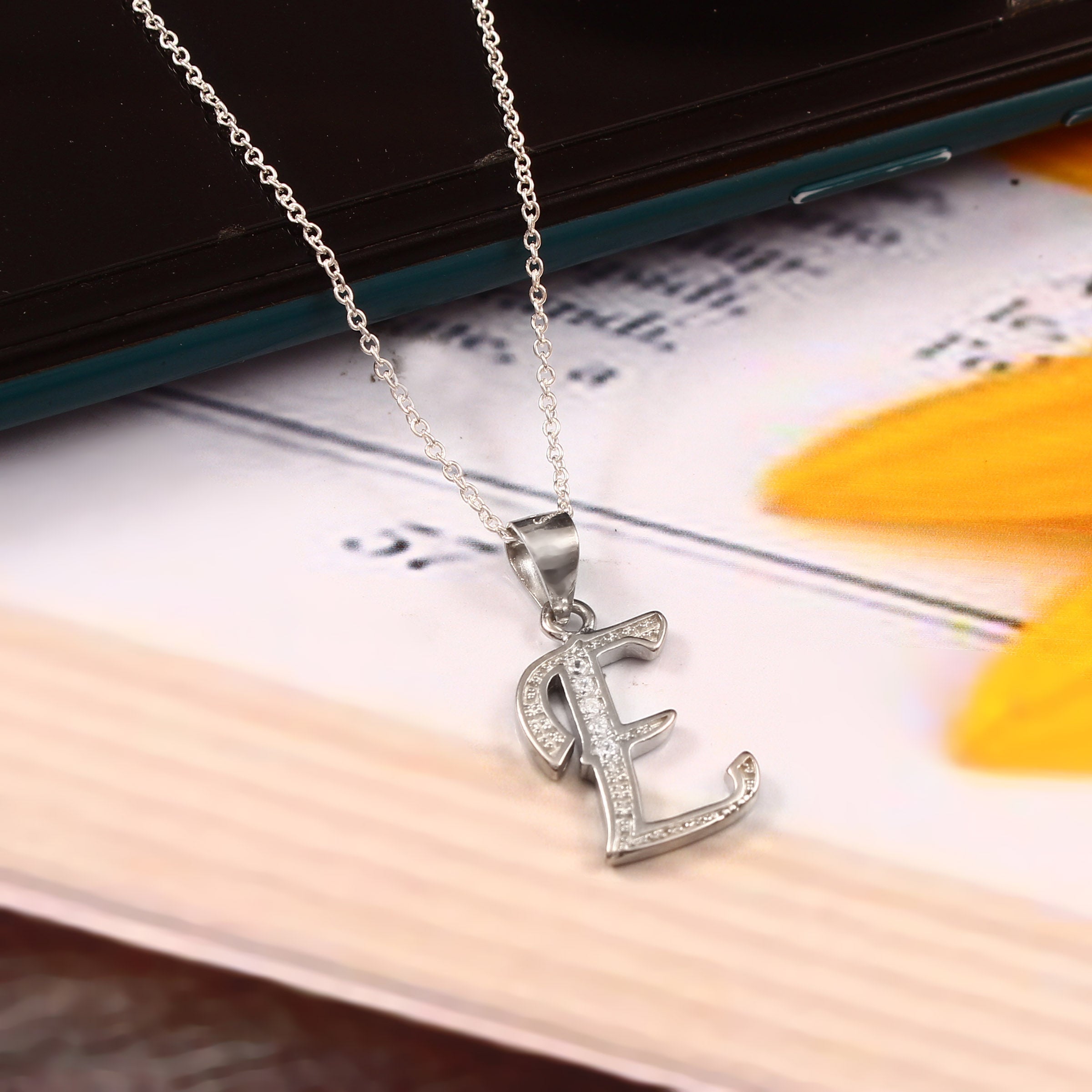 Cursive Initial Necklace, Diamond Pave Sterling Silver Letter Pendant