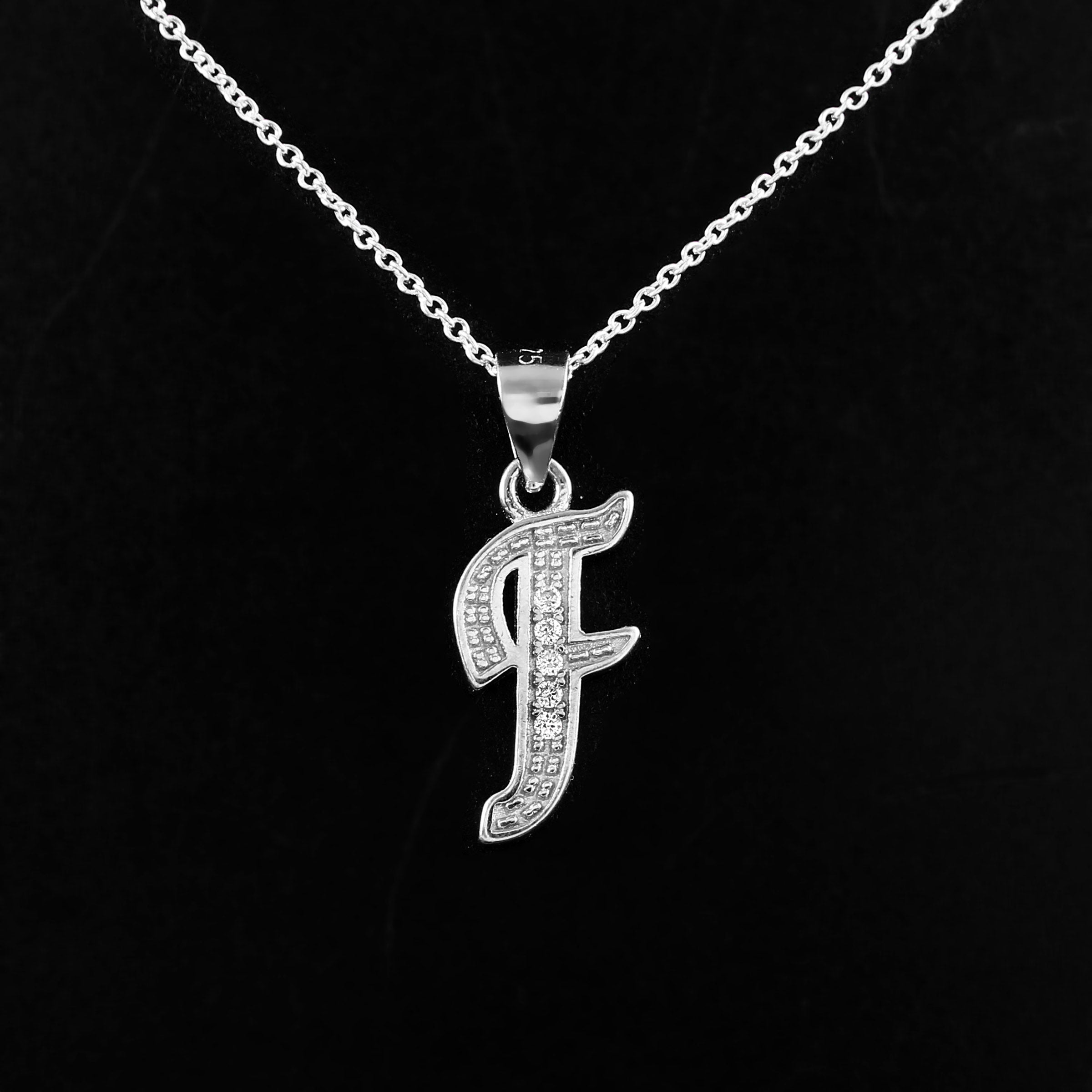 Cursive Initial Necklace, Diamond "F" Pendant, Sterling Silver, Handmade