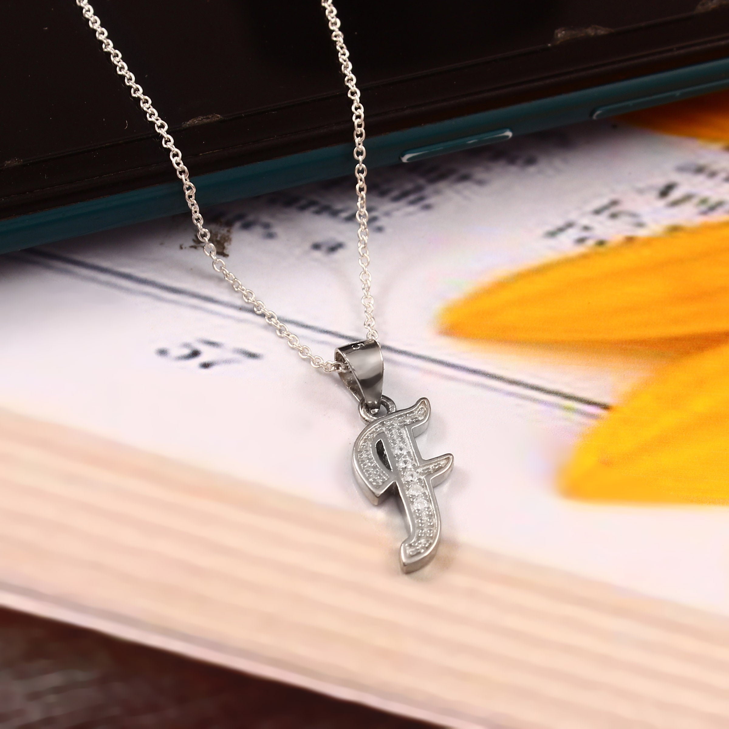 Cursive Initial Necklace, Diamond "F" Pendant, Sterling Silver, Handmade