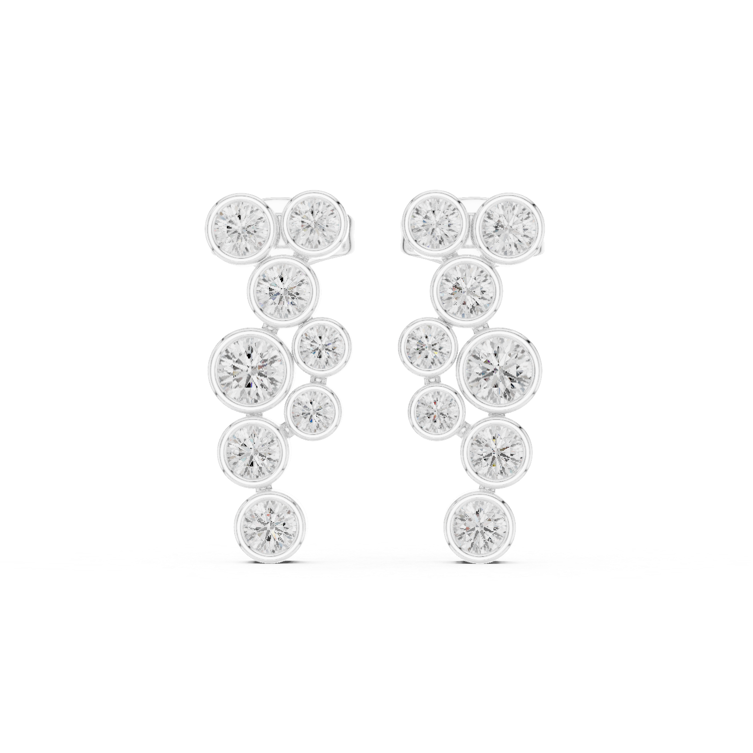 Moissanite Cluster Dangle Earrings, Sterling Silver Bezel Set