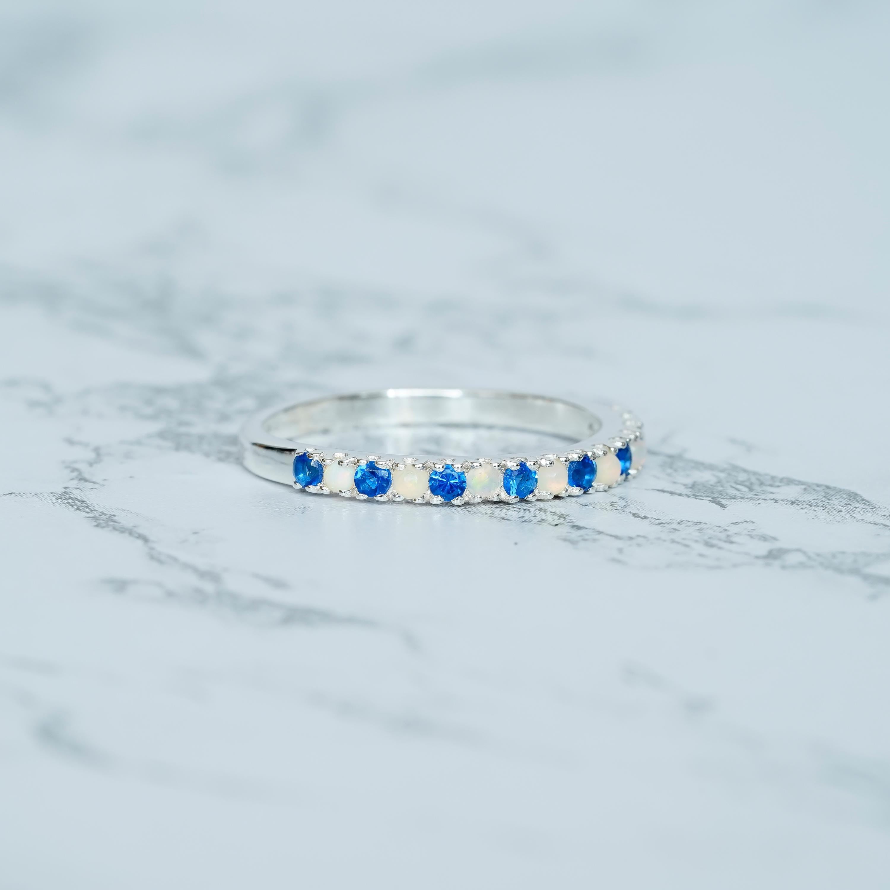 Blue Topaz and Opal Eternity Band For Women 925 Sterling Silver Stackable Round Cut Fire Opal Bridal Matching Anniversary Gift Dainty Band