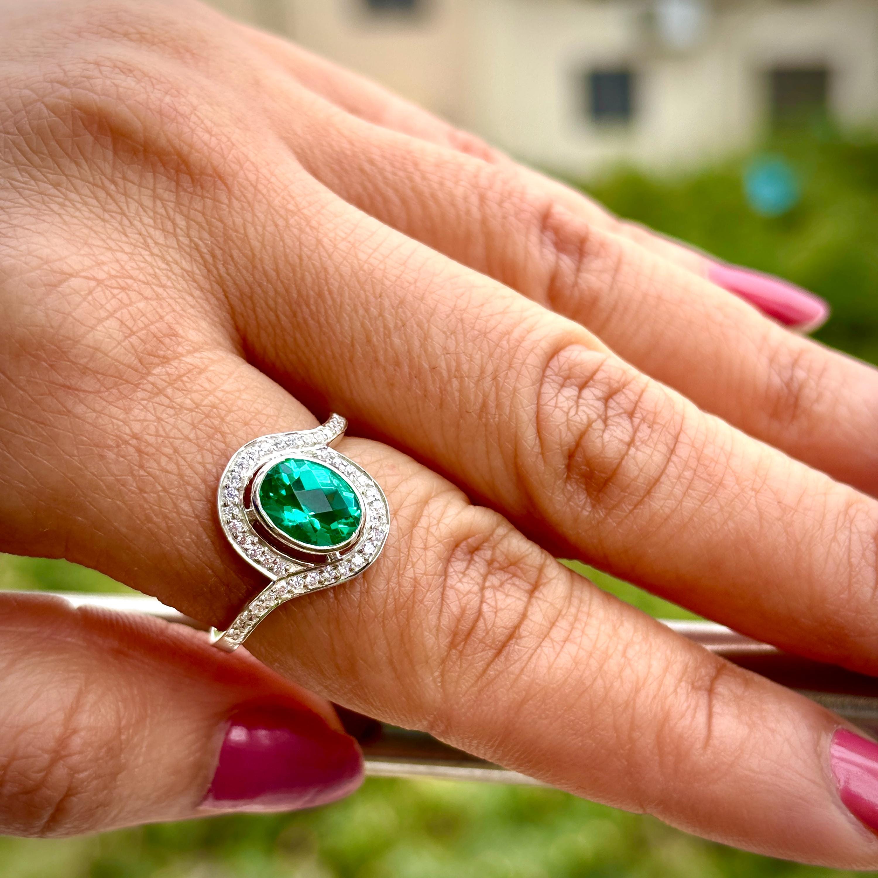 Oval Emerald Engagement Ring 925 Sterling Silver Bezel Set Bypass Band Wedding Ring Halo Bridal Channel Pave Set Anniversary Gift For Her